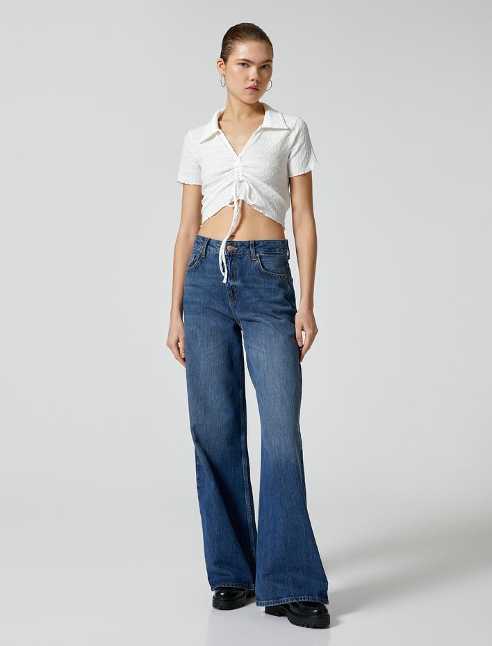  Crop Polo Yaka Tişört Önden Büzgülü Bağlamalı Dokulu Bürümcük