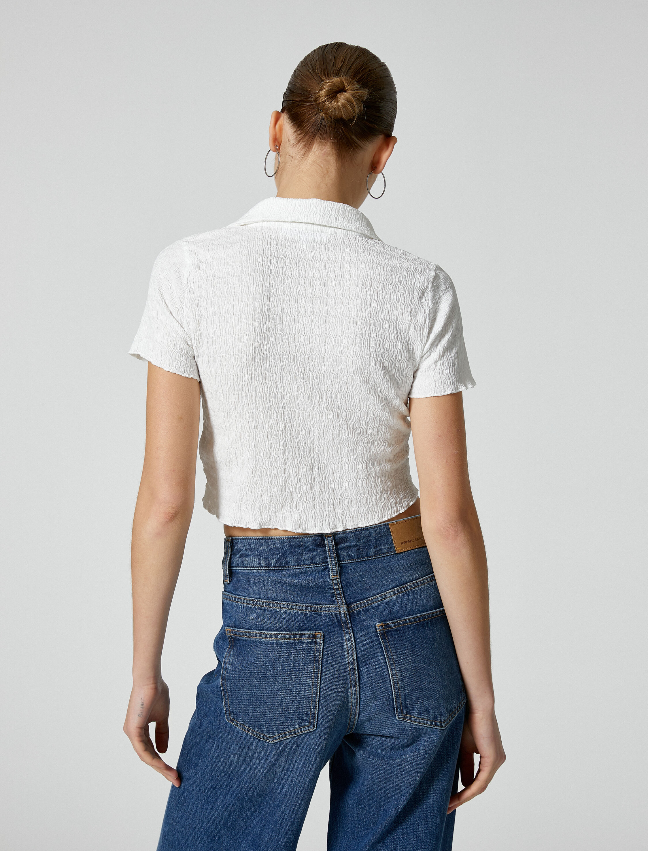   Crop Polo Yaka Tişört Önden Büzgülü Bağlamalı Dokulu Bürümcük