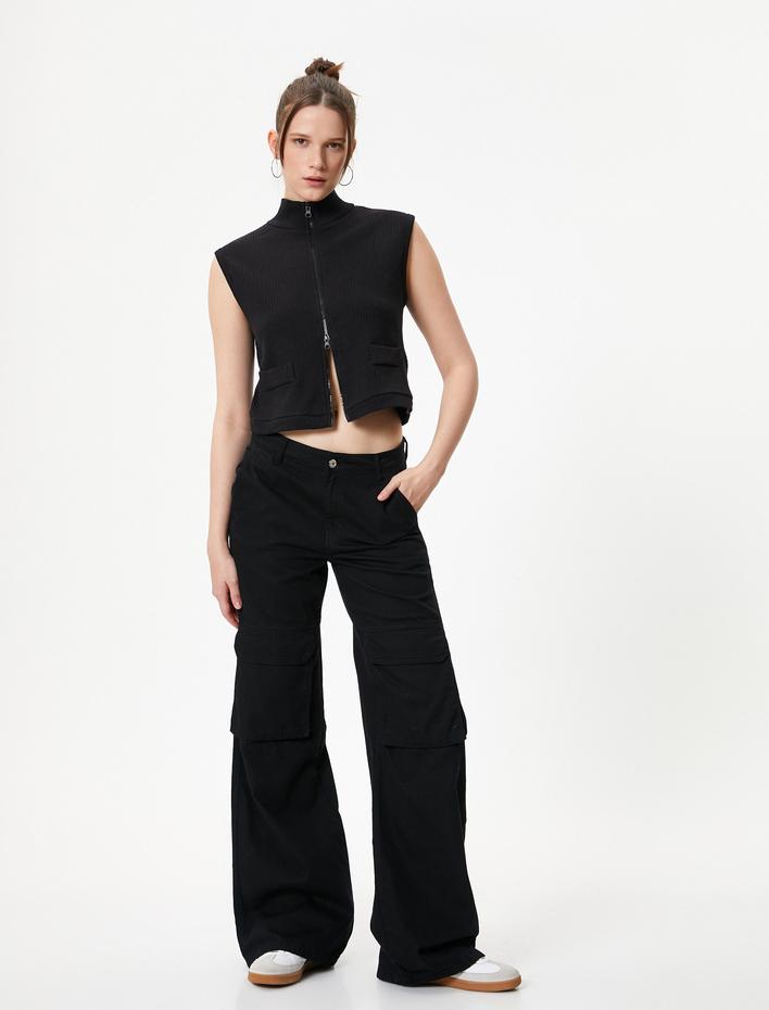  Kolsuz Hırka Dik Yaka Çift Taraflı Fermuarlı Cepli Slim Fit