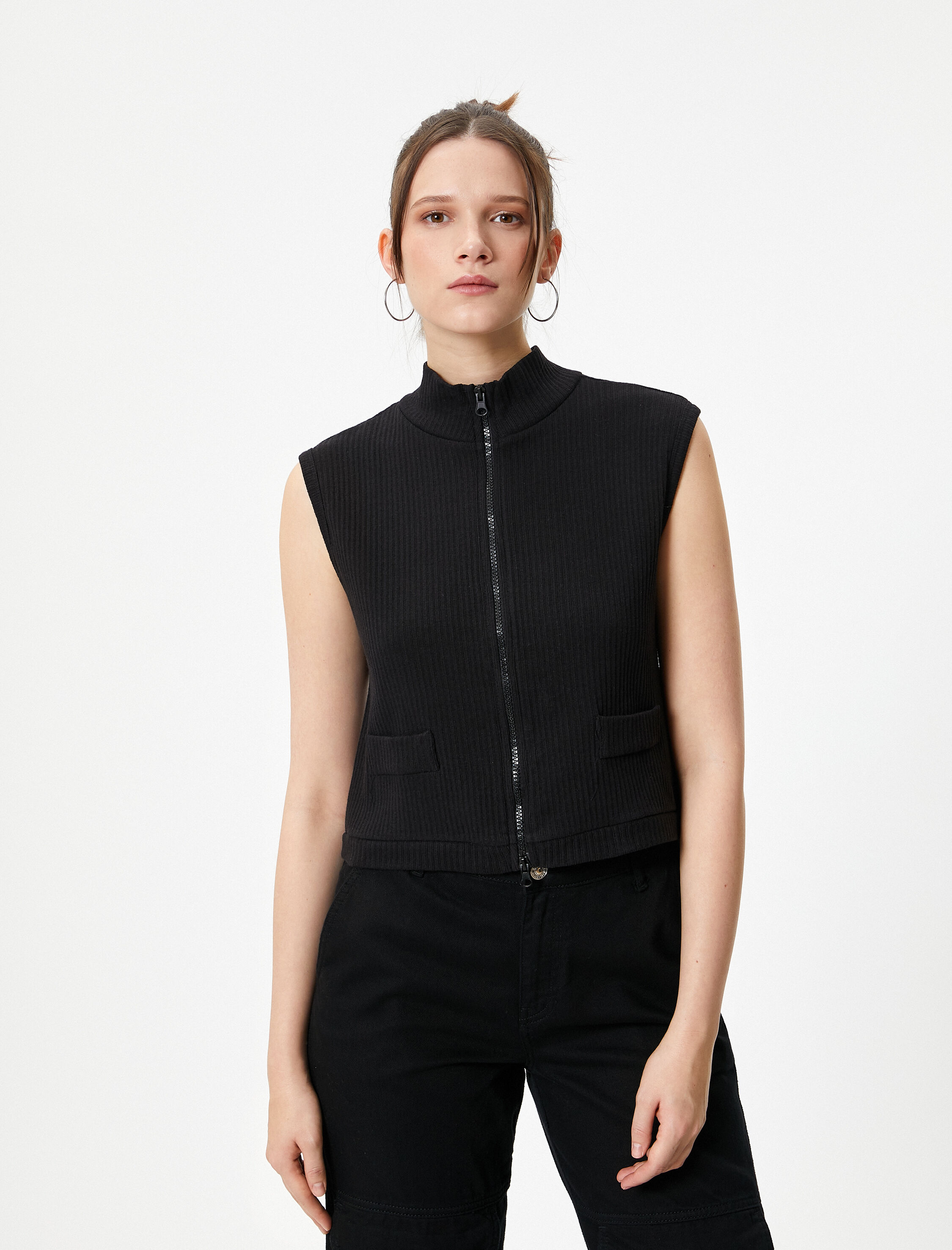   Kolsuz Hırka Dik Yaka Çift Taraflı Fermuarlı Cepli Slim Fit