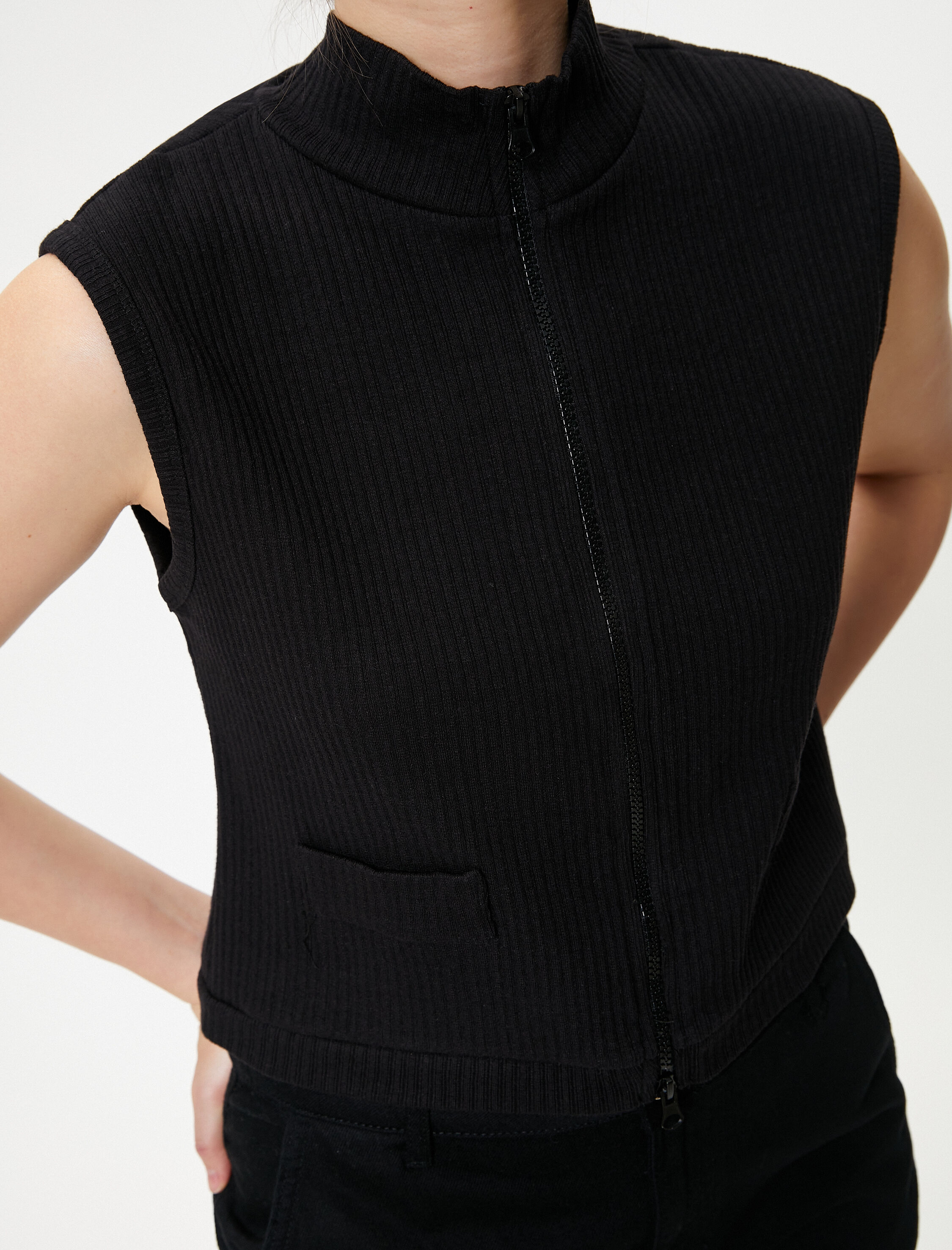   Kolsuz Hırka Dik Yaka Çift Taraflı Fermuarlı Cepli Slim Fit