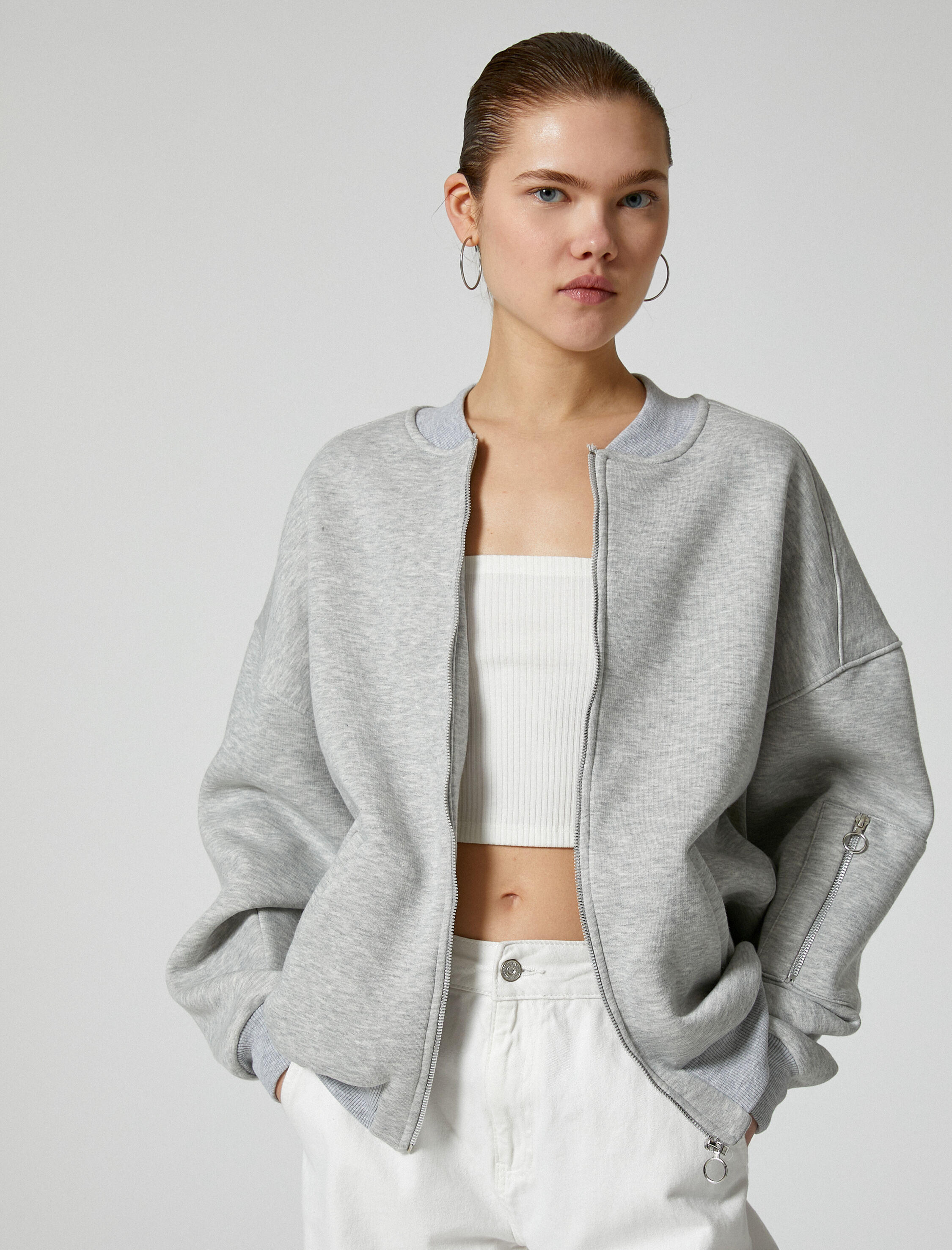   Şardonlu Fermuarlı Sweatshirt Rahat Kalıp Uzun Kollu Yuvarlak Yaka Pamuklu