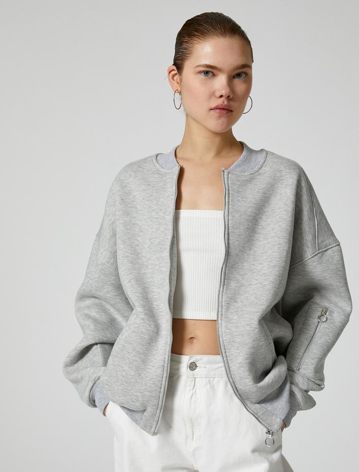  Şardonlu Fermuarlı Sweatshirt Rahat Kalıp Uzun Kollu Yuvarlak Yaka Pamuklu