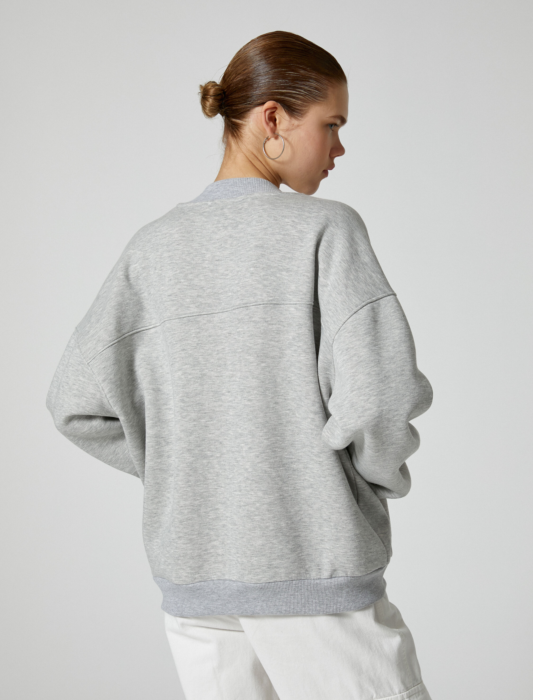   Şardonlu Fermuarlı Sweatshirt Rahat Kalıp Uzun Kollu Yuvarlak Yaka Pamuklu