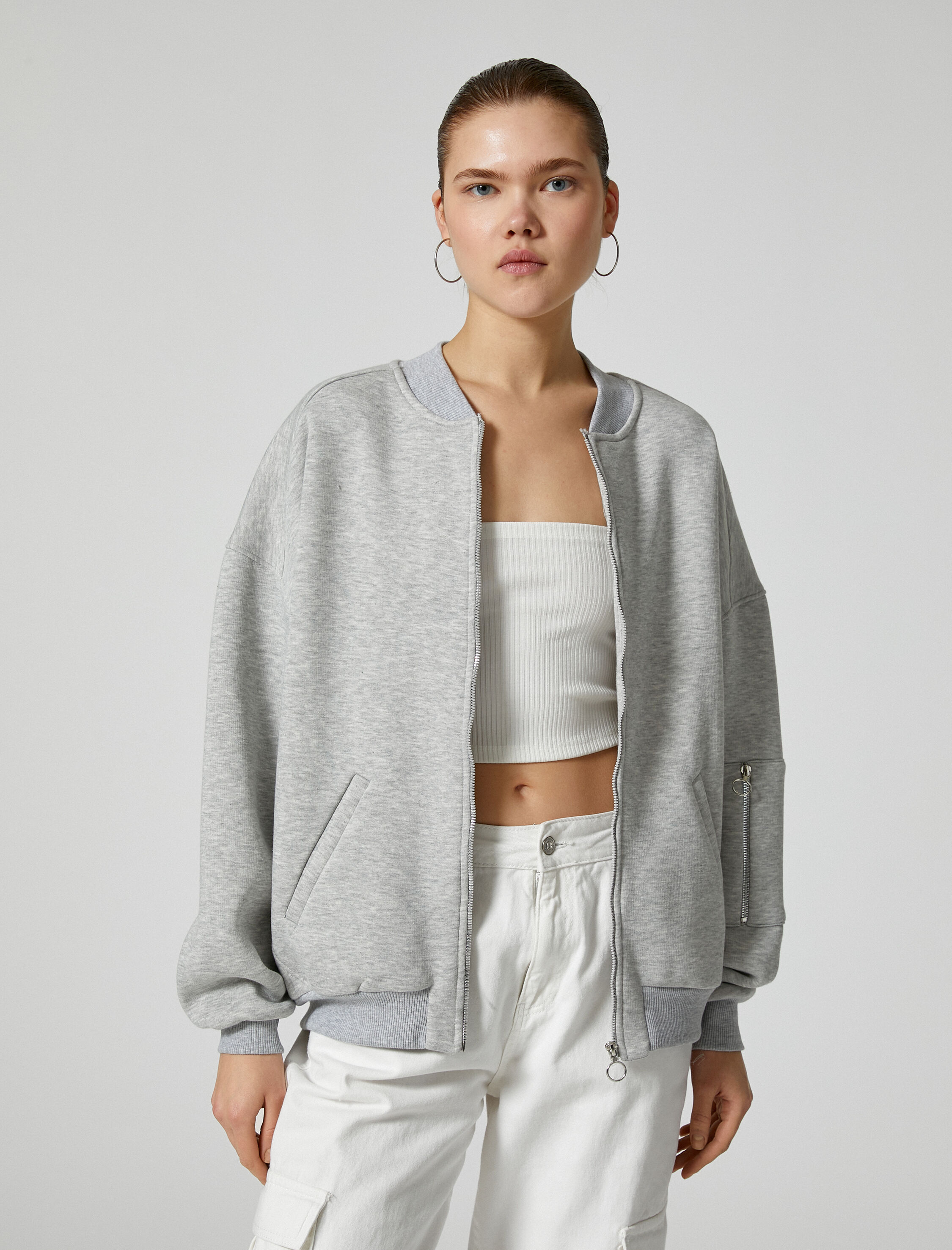   Şardonlu Fermuarlı Sweatshirt Rahat Kalıp Uzun Kollu Yuvarlak Yaka Pamuklu