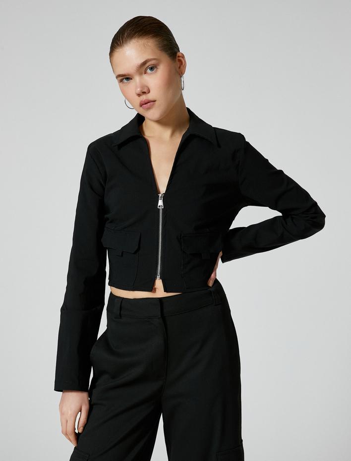  Fermuarlı Crop Tişört Kargo Cep Uzun Kollu