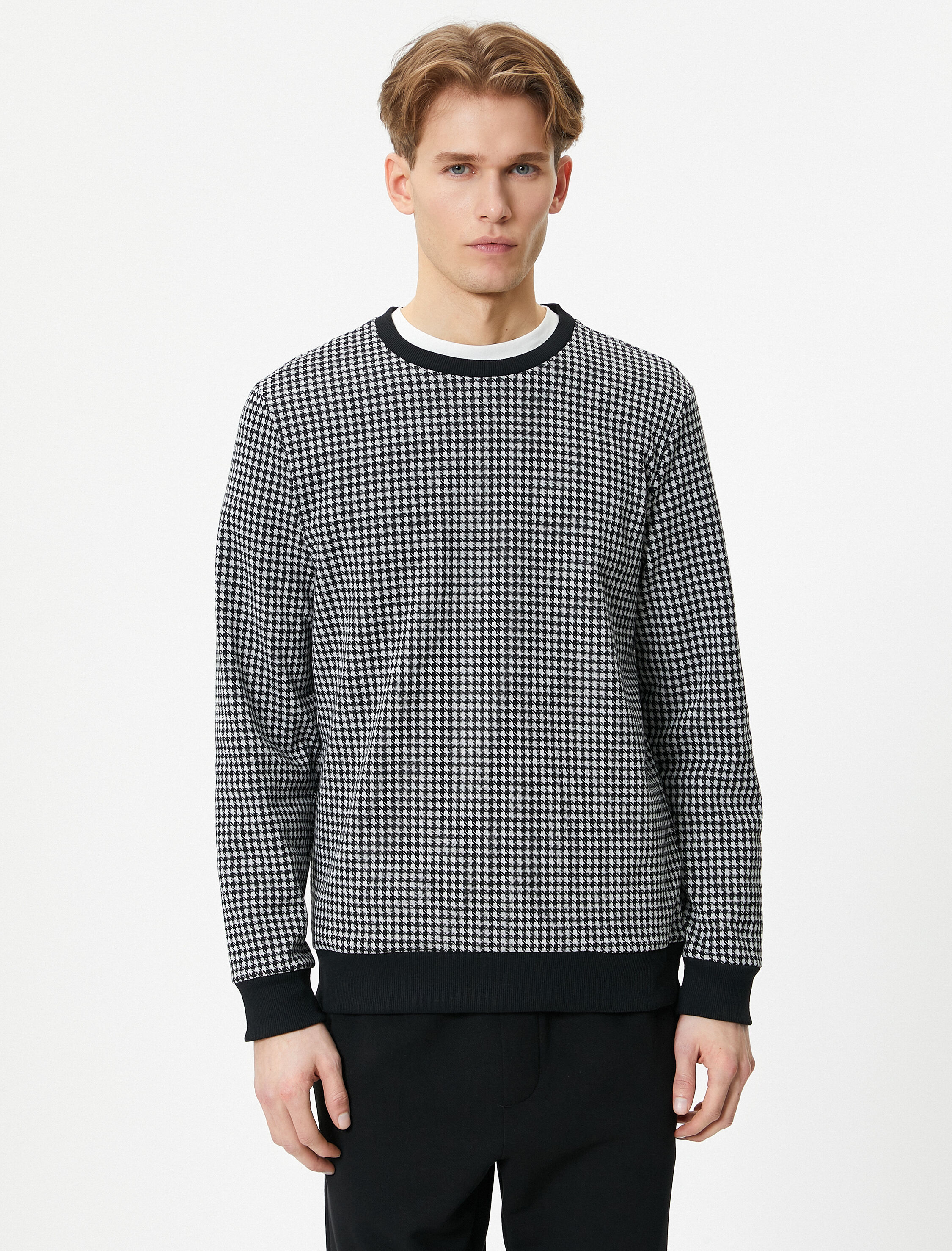   Bisiklet Yaka Kazak Kazayağı Desenli Uzun Kollu