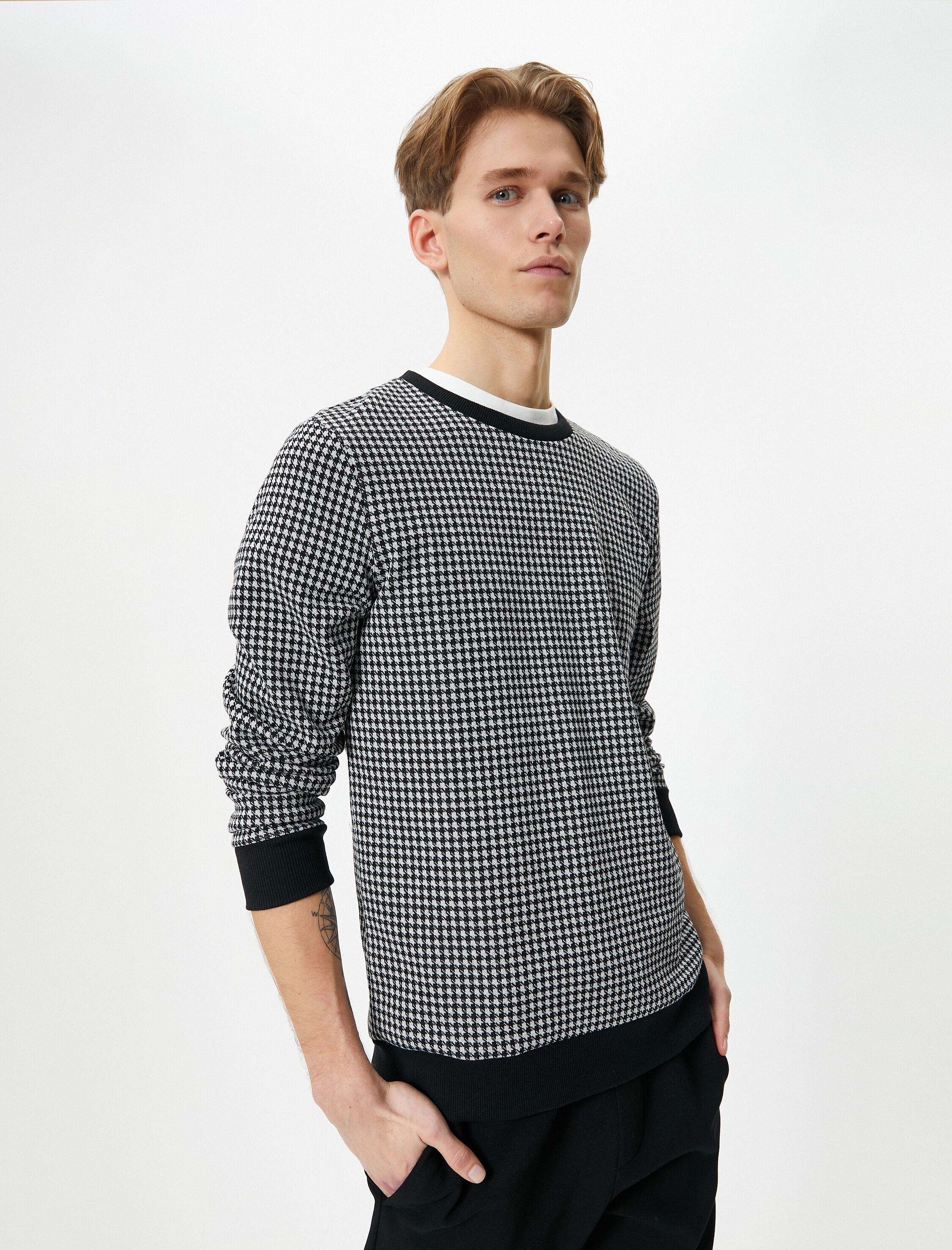   Bisiklet Yaka Kazak Kazayağı Desenli Uzun Kollu