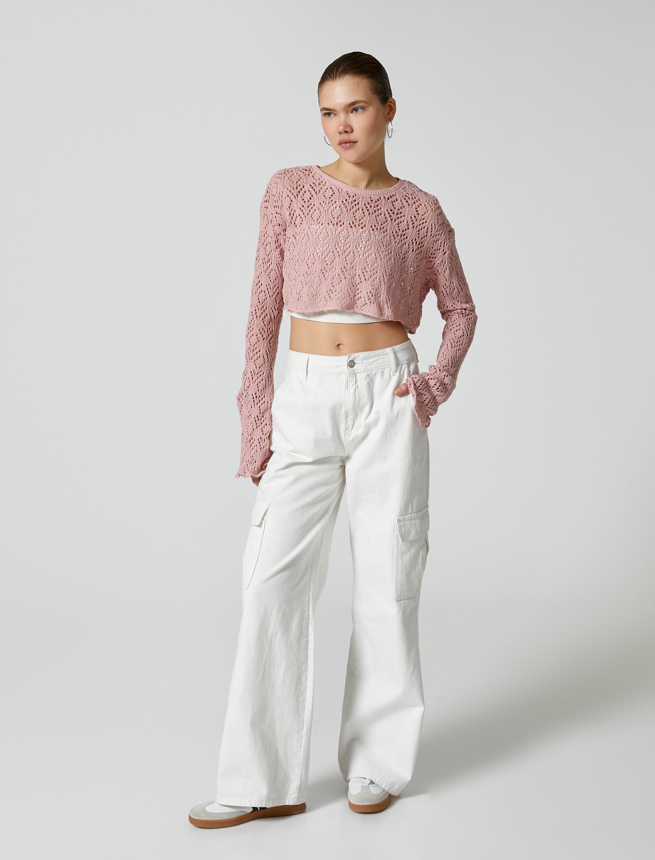   Crop Ajurlu Tişört Geniş Uzun Kollu Bisiklet Yaka Rahat Kalıp