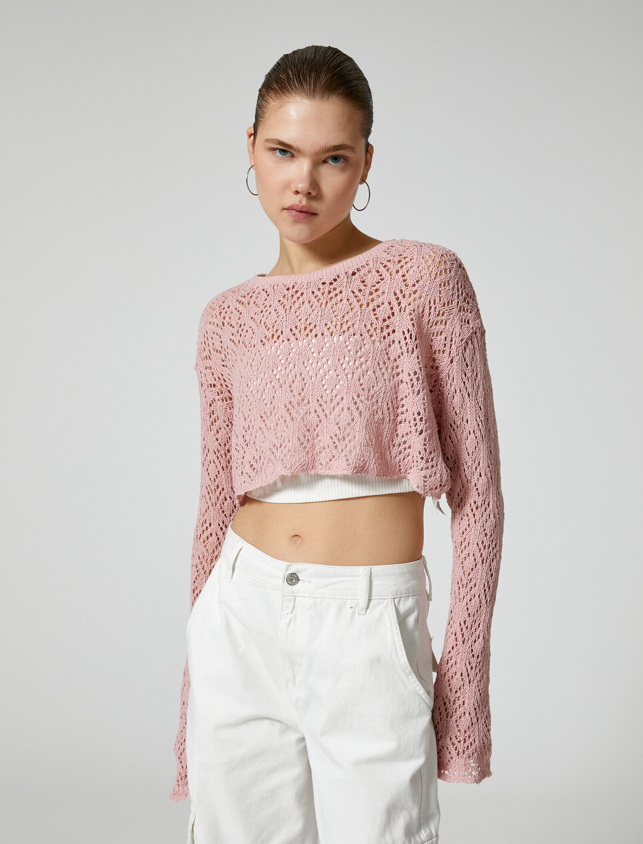   Crop Ajurlu Tişört Geniş Uzun Kollu Bisiklet Yaka Rahat Kalıp