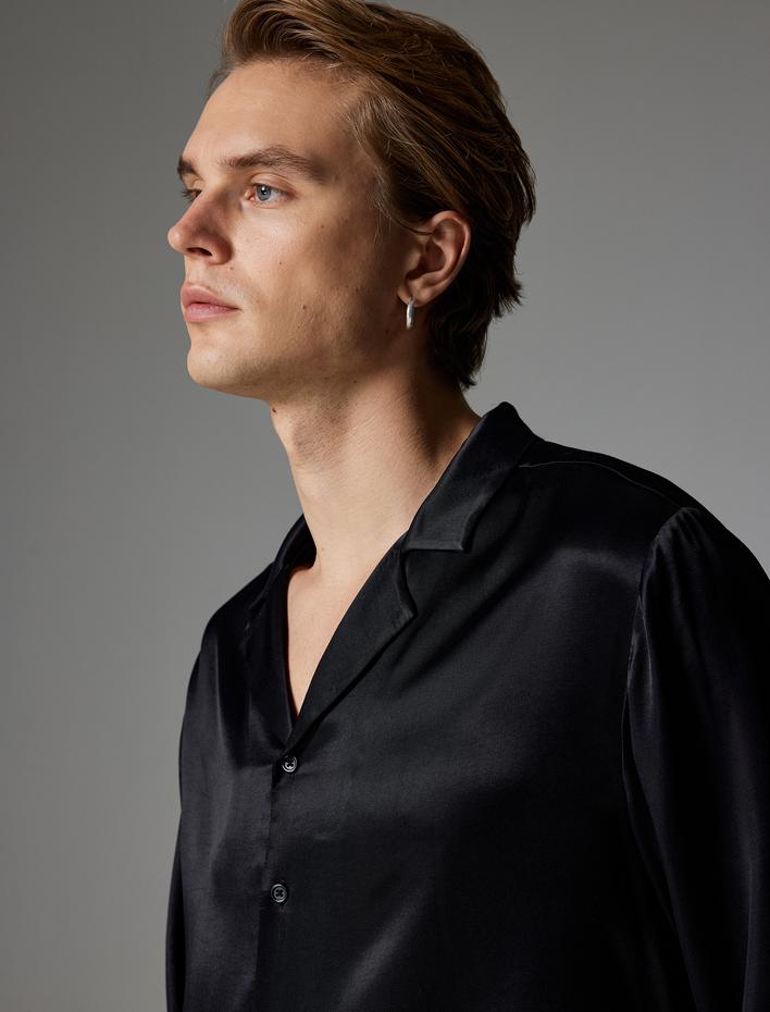  Saten Gömlek Devrik Yaka Düğmeli Uzun Kollu