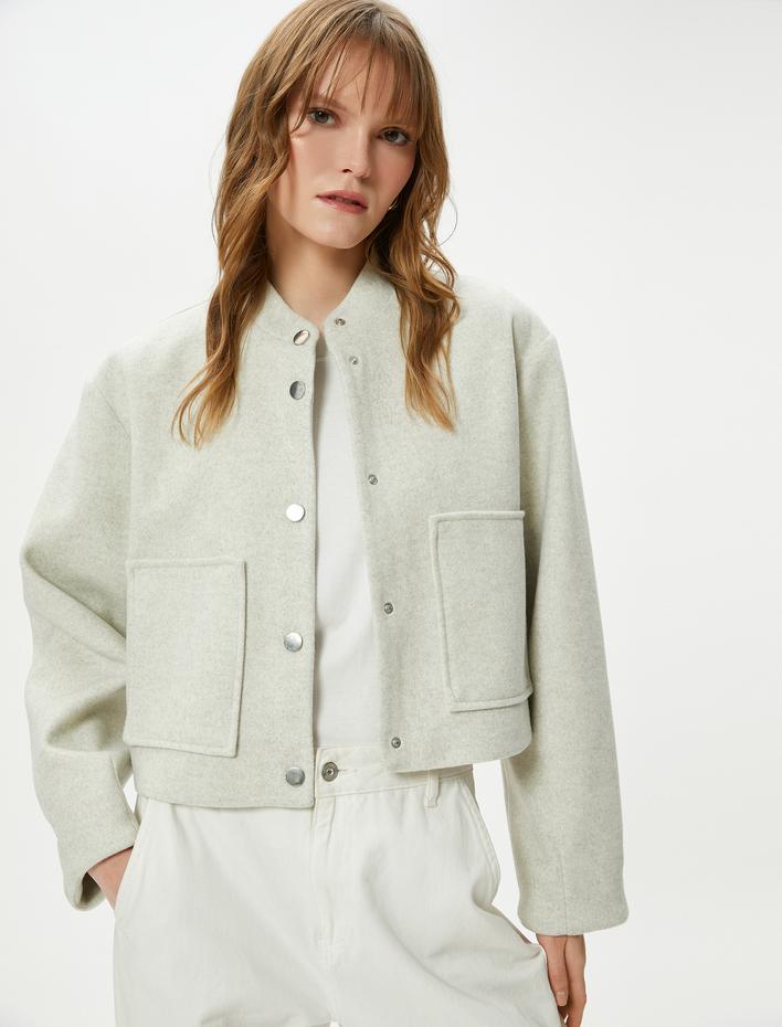  Bomber Ceket Çıtçıt Düğmeli Hakim Yaka Cepli