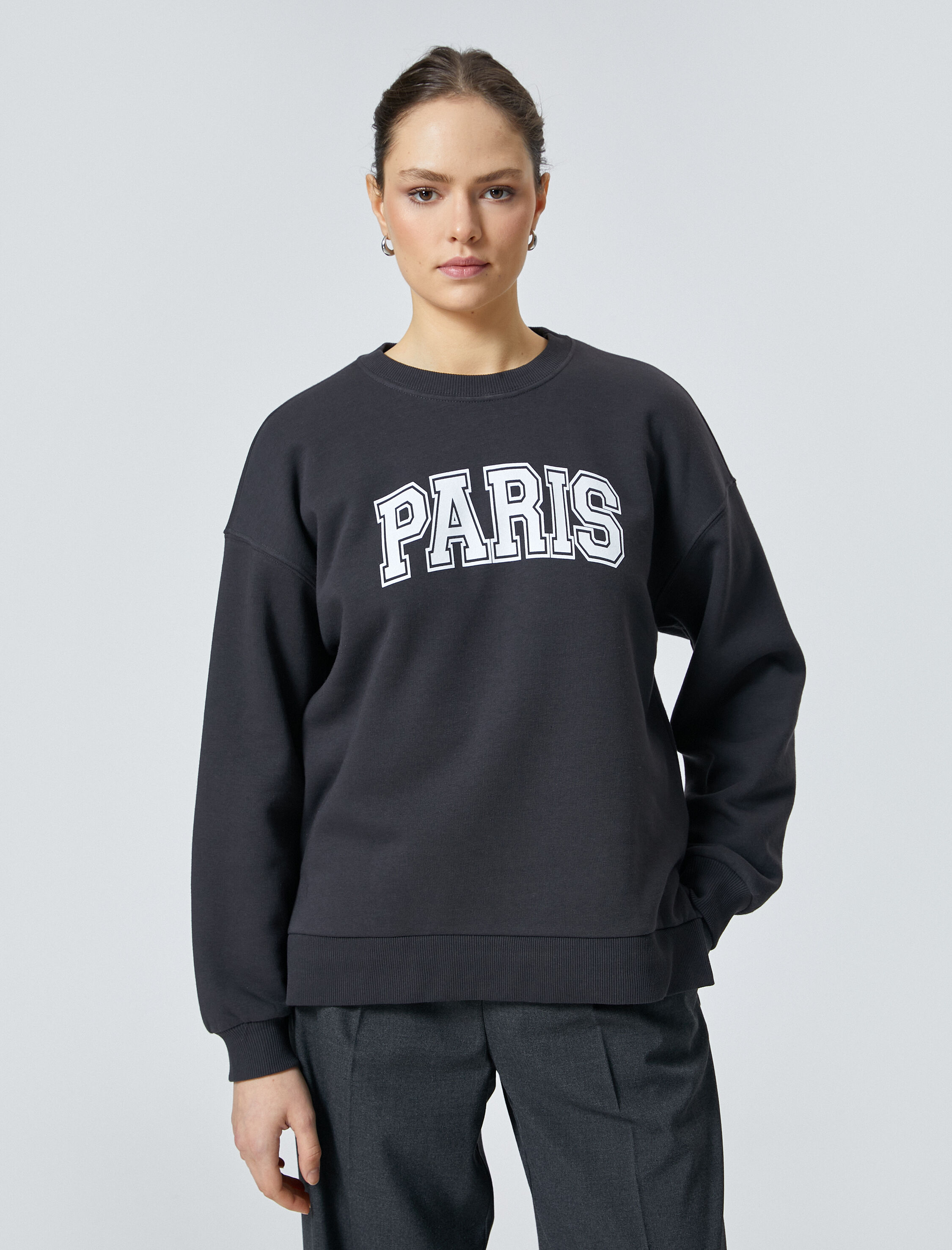 Oversize Sweatshirt Bisiklet Yaka Baskılı Üç İplik Şardonlu