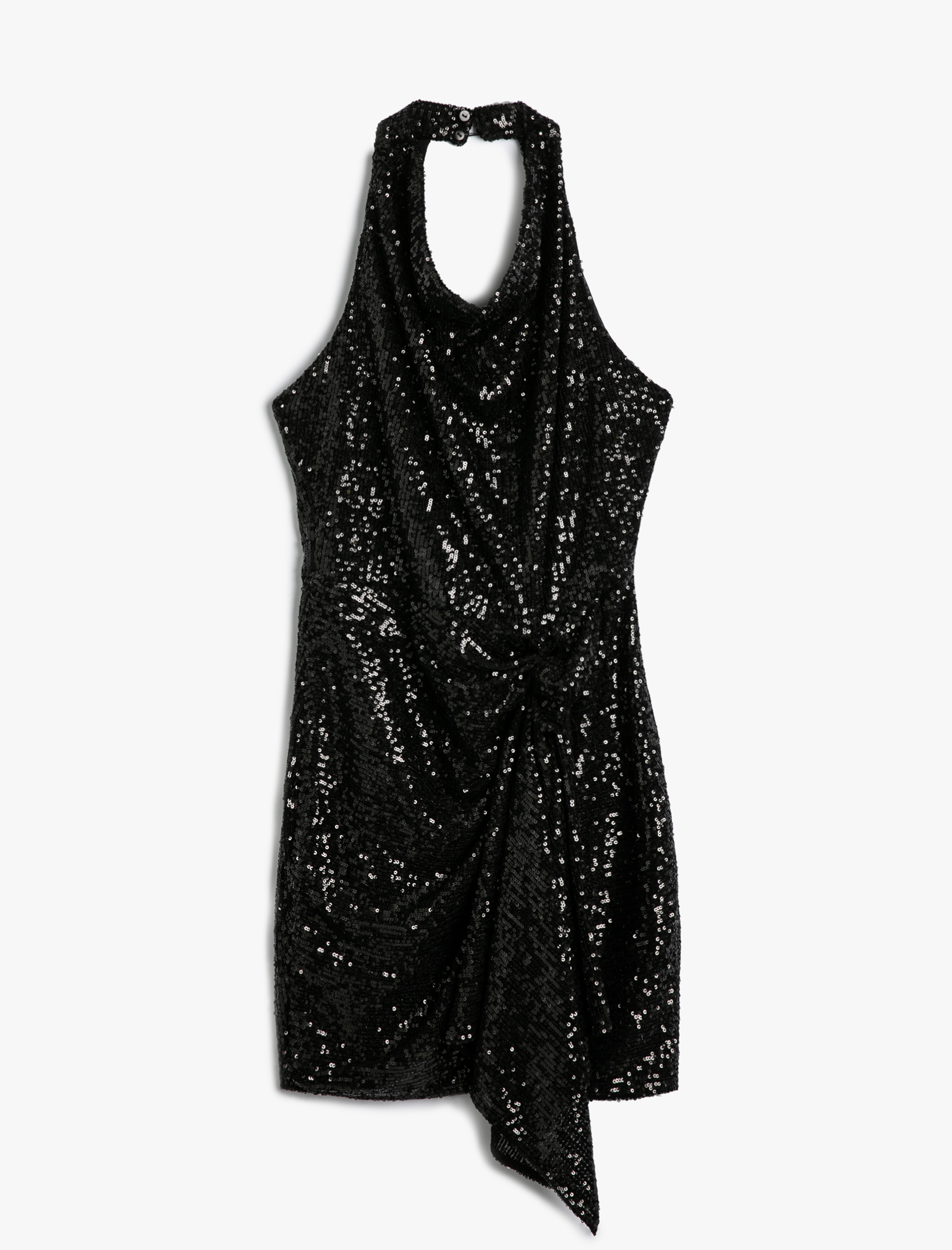   Pullu Payetli Mini Elbise Arkası Dekolte Dökümlü Yaka