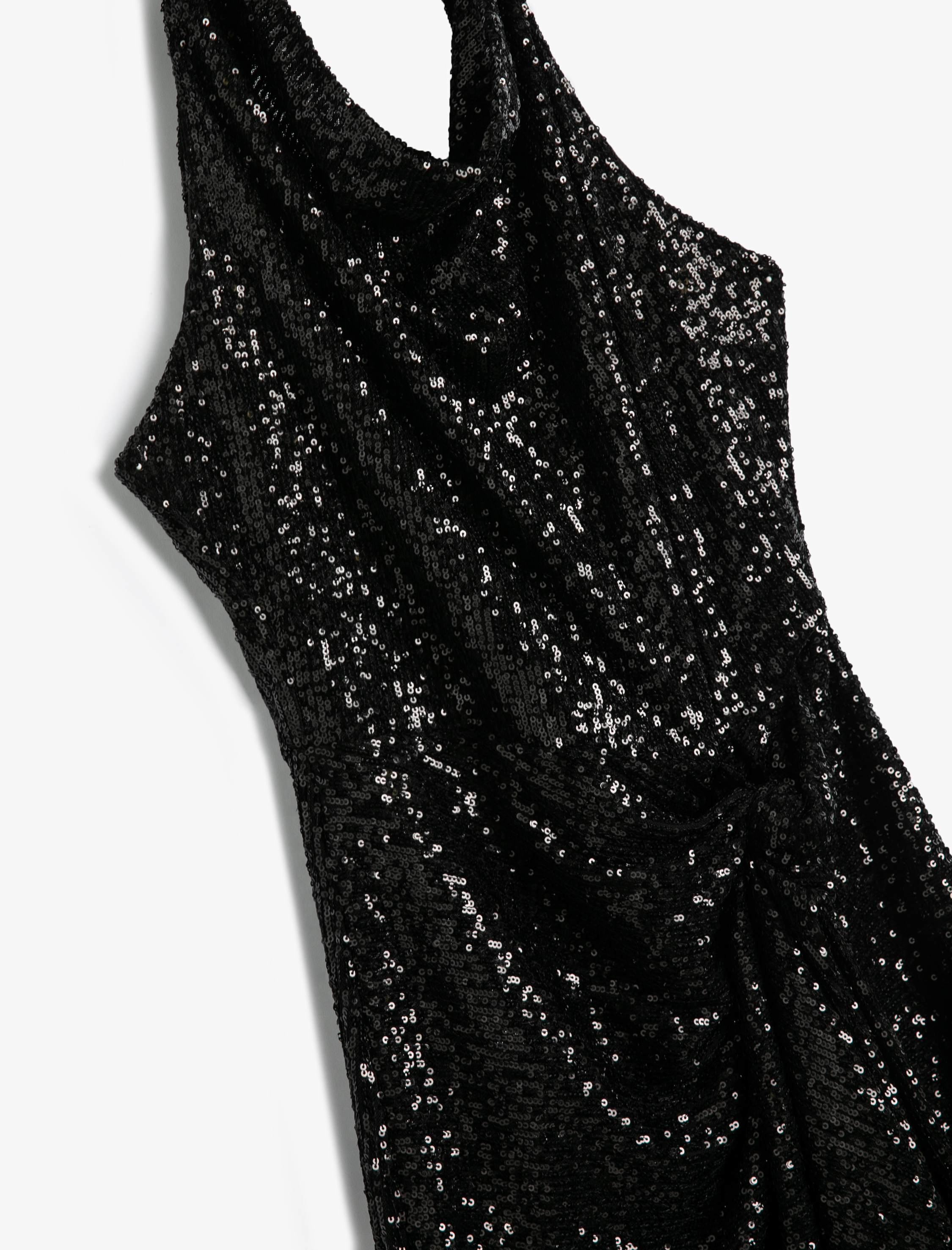   Pullu Payetli Mini Elbise Arkası Dekolte Dökümlü Yaka