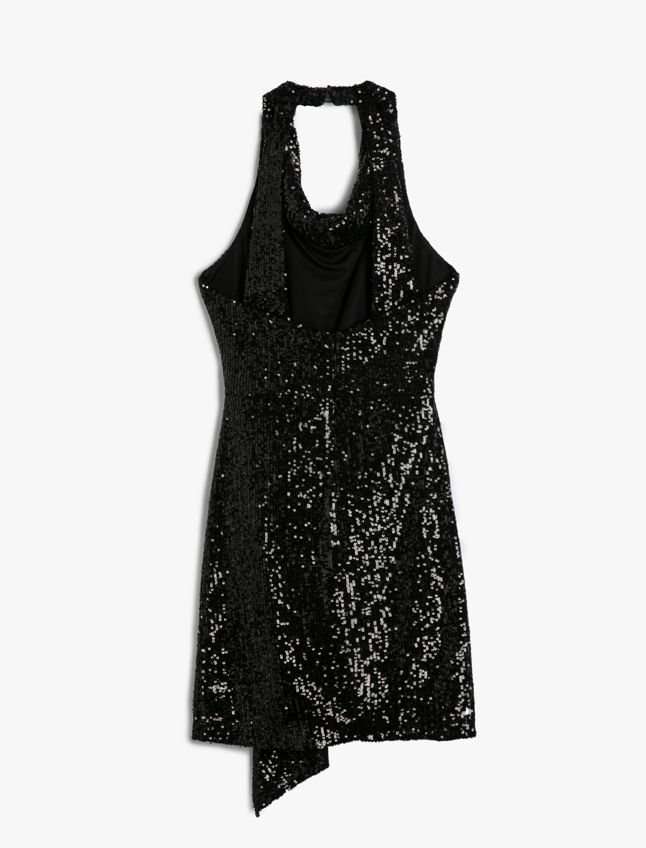   Pullu Payetli Mini Elbise Arkası Dekolte Dökümlü Yaka