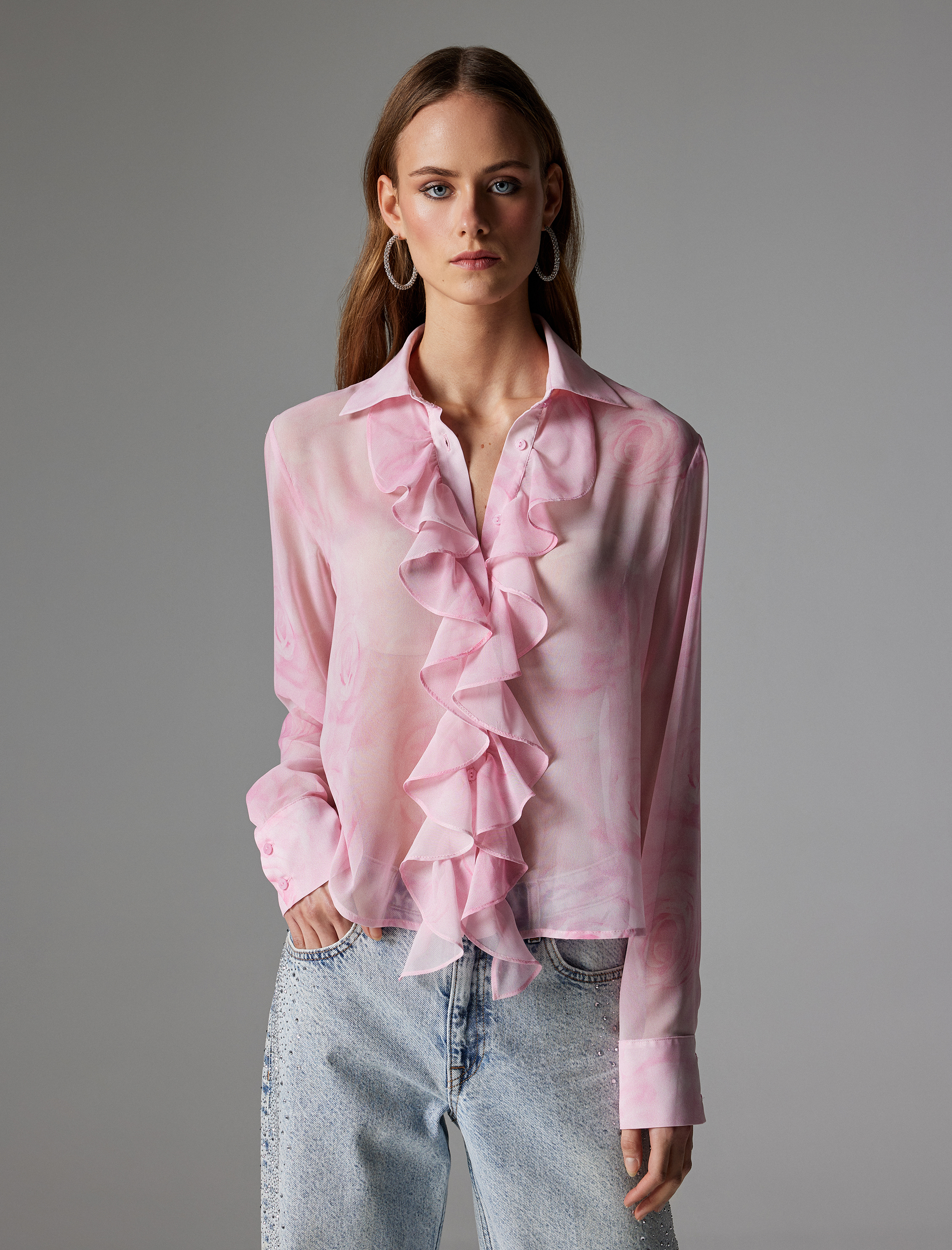   Çiçekli Gömlek Fırfırlı Uzun Kollu