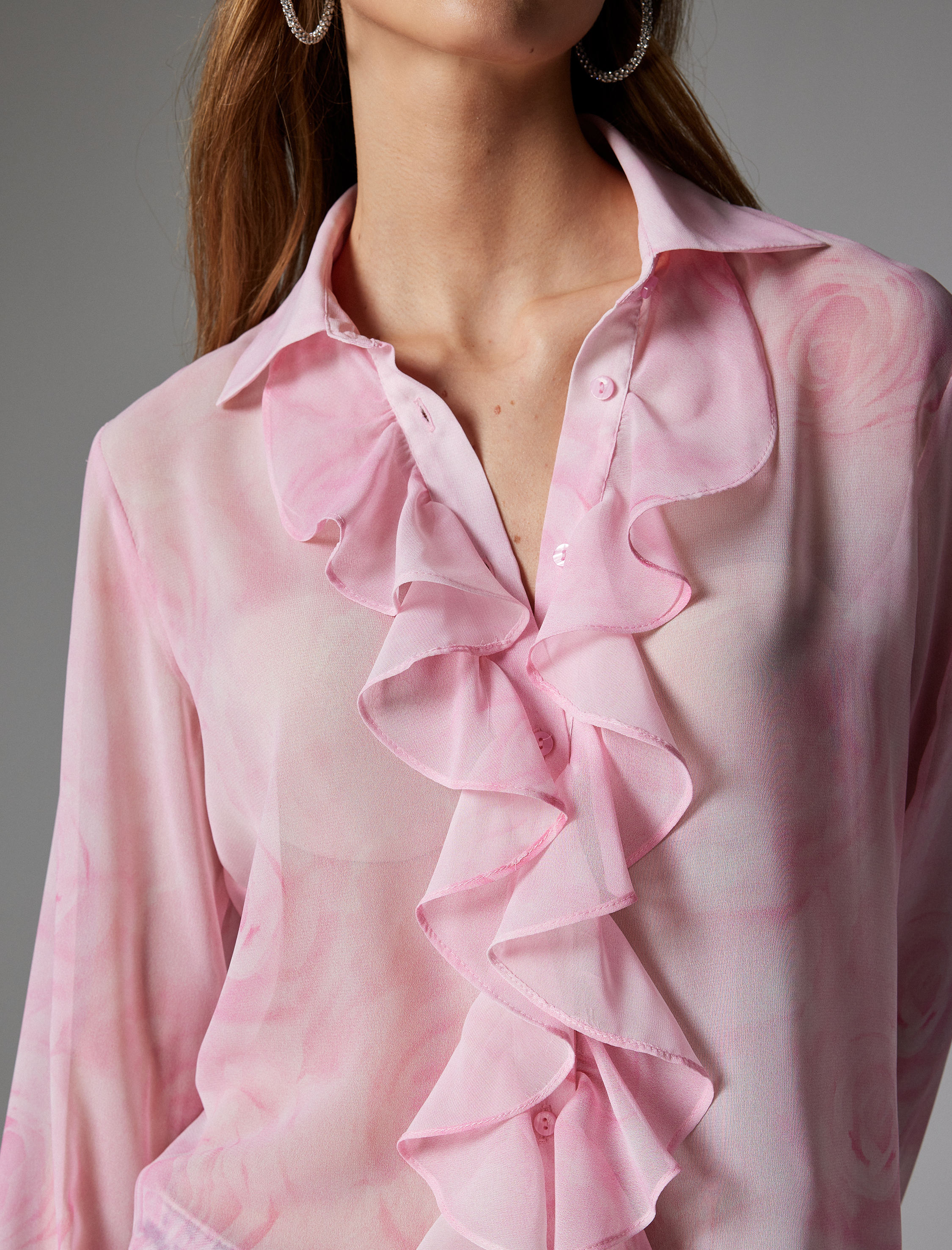   Çiçekli Gömlek Fırfırlı Uzun Kollu