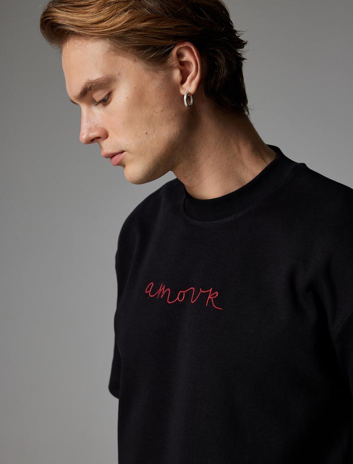  Oversize Tişört Slogan Baskılı Bisiklet Yaka Kısa Kollu