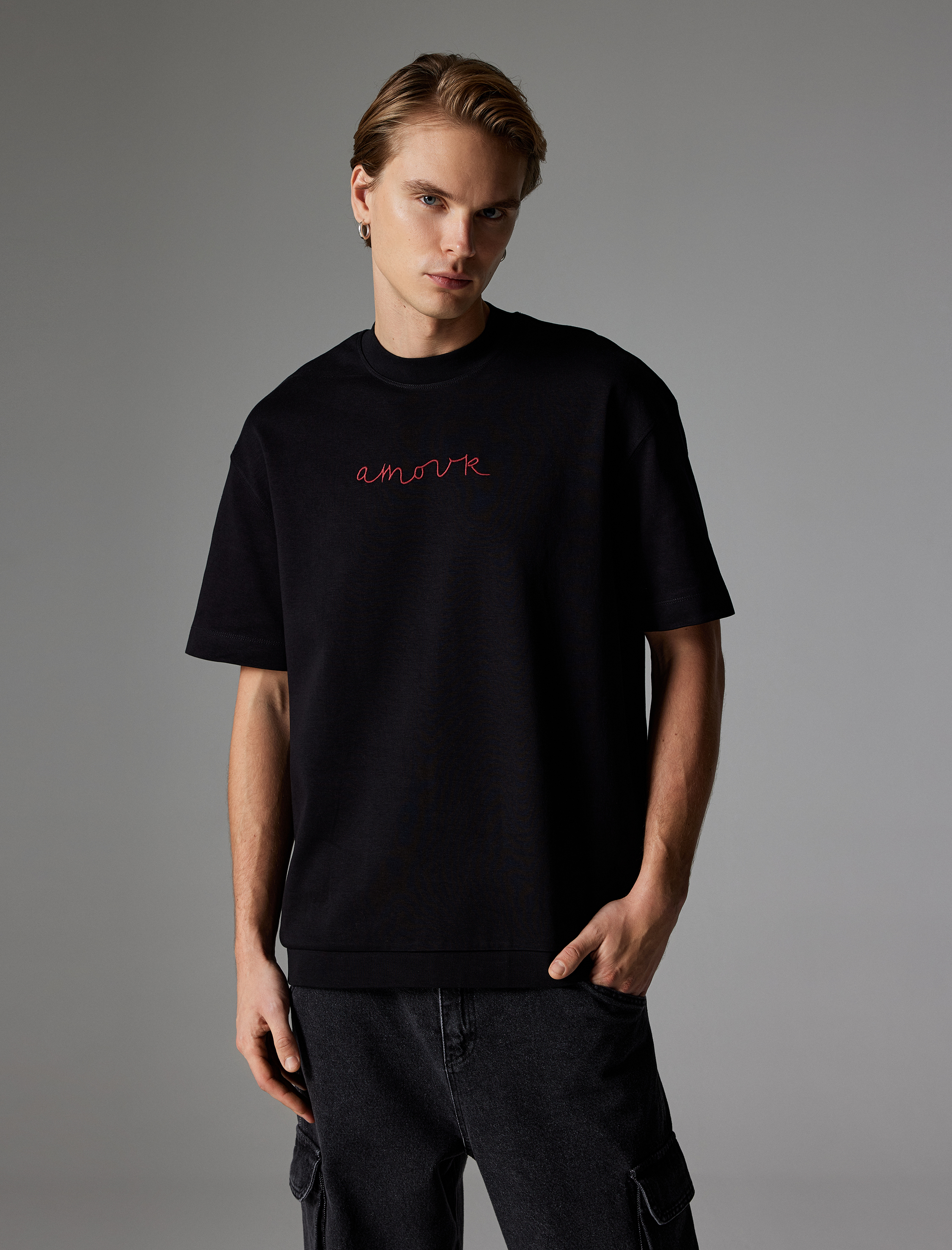   Oversize Tişört Slogan Baskılı Bisiklet Yaka Kısa Kollu