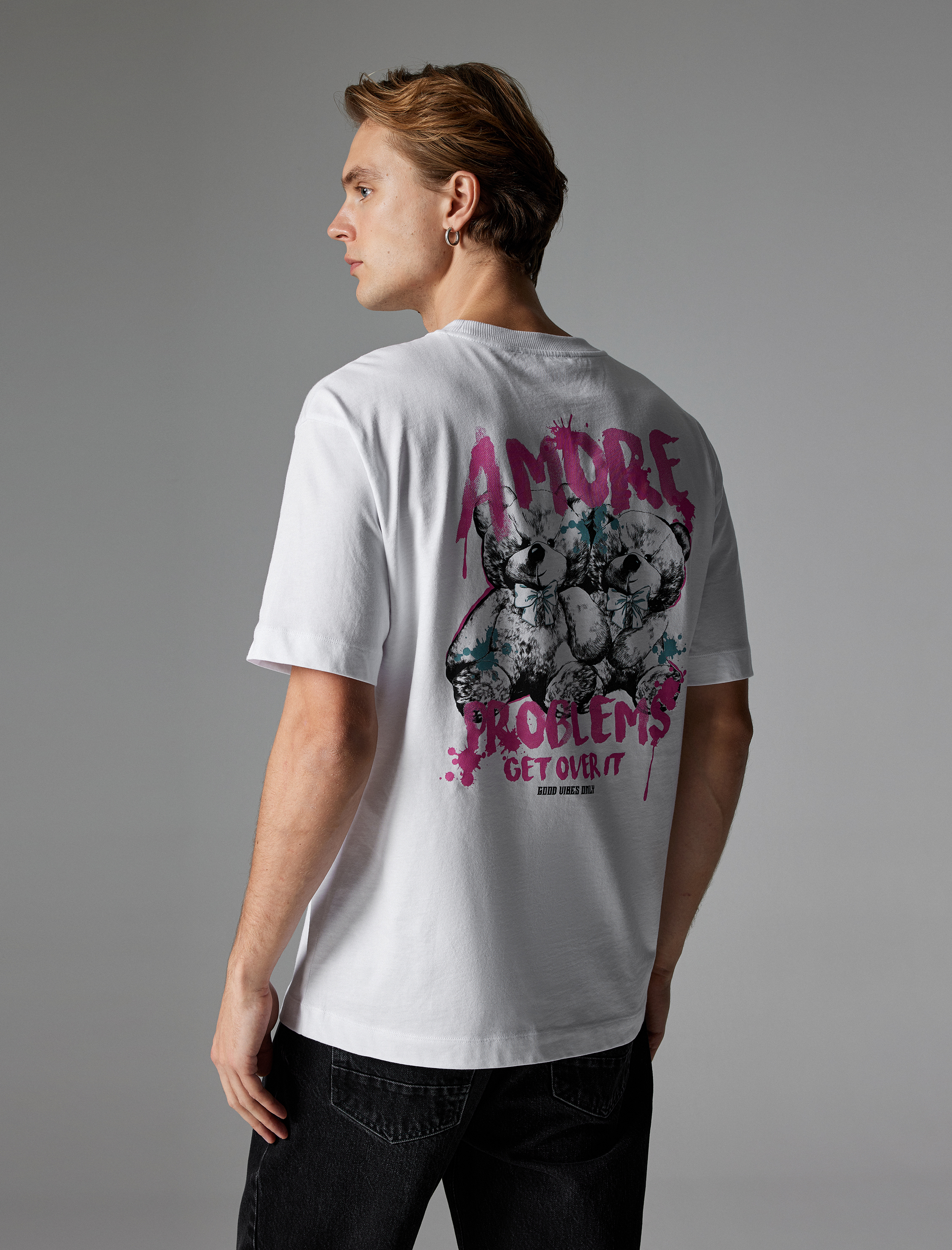   Arkası Baskılı Tişört Oversize Bisiklet Yaka Kısa Kollu