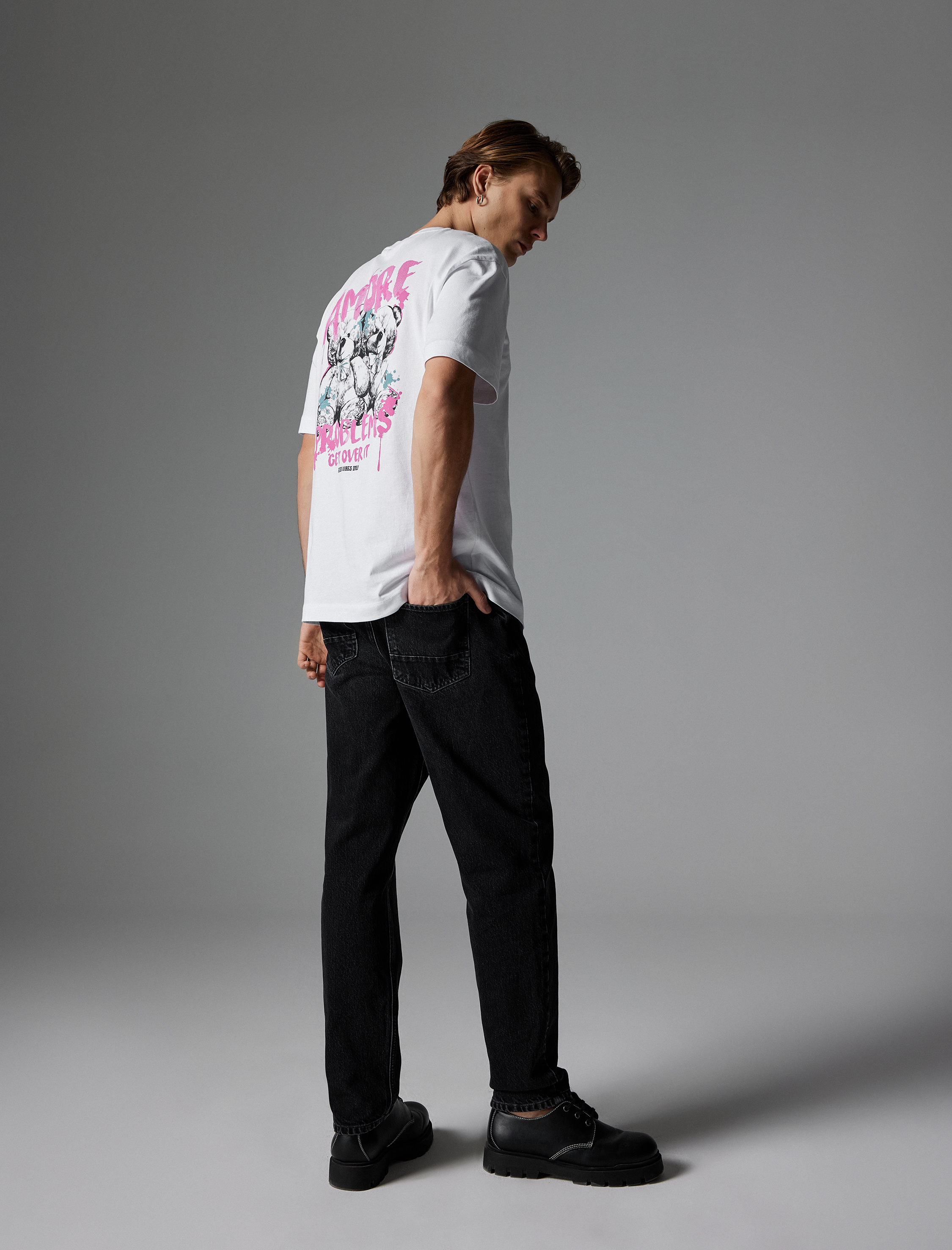   Arkası Baskılı Tişört Oversize Bisiklet Yaka Kısa Kollu