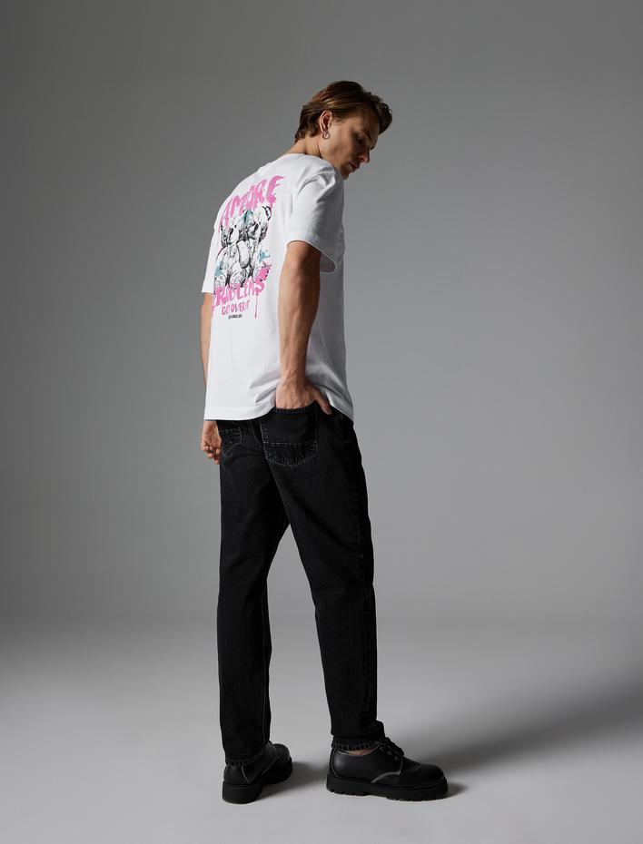  Arkası Baskılı Tişört Oversize Bisiklet Yaka Kısa Kollu