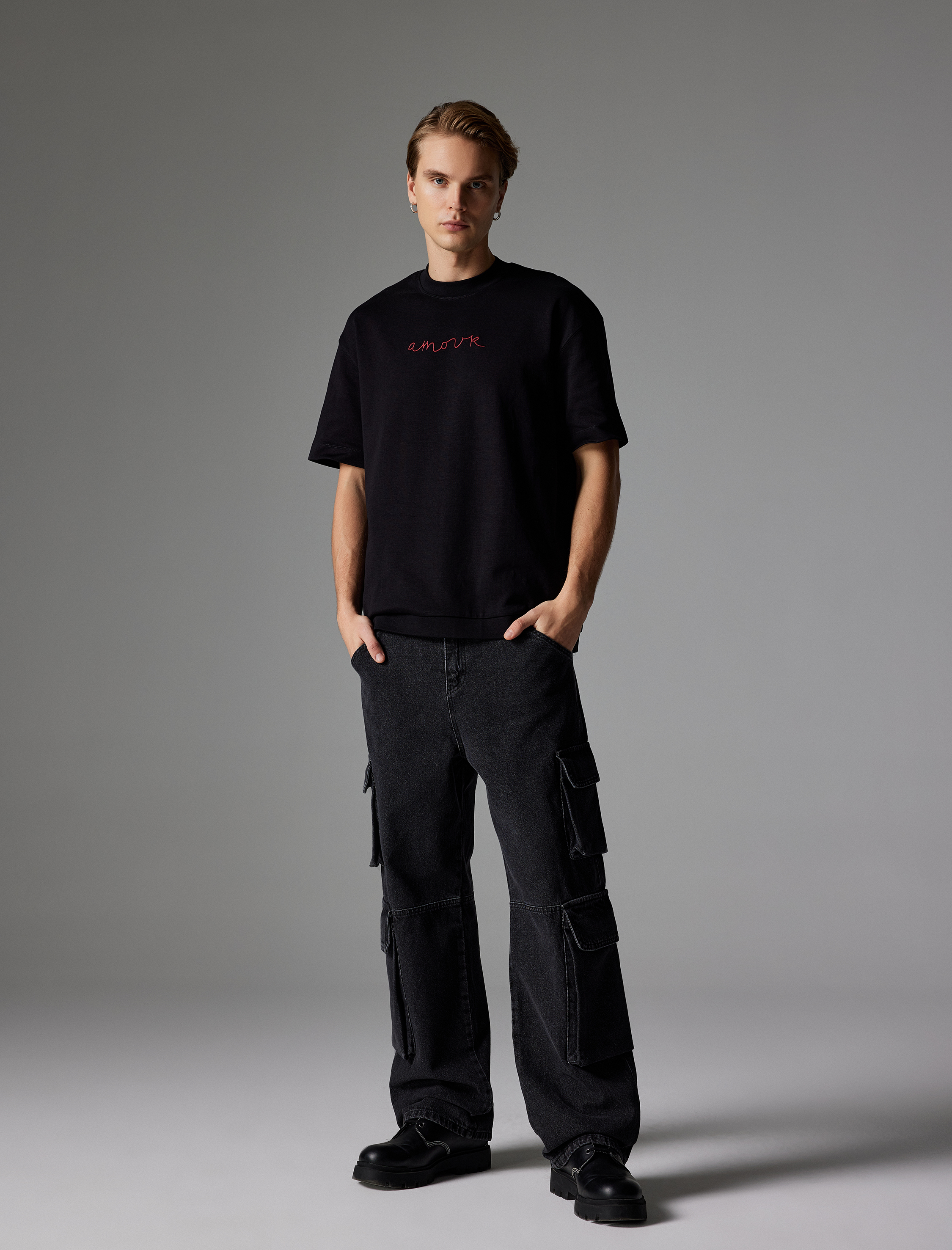   Oversize Tişört Slogan Baskılı Bisiklet Yaka Kısa Kollu