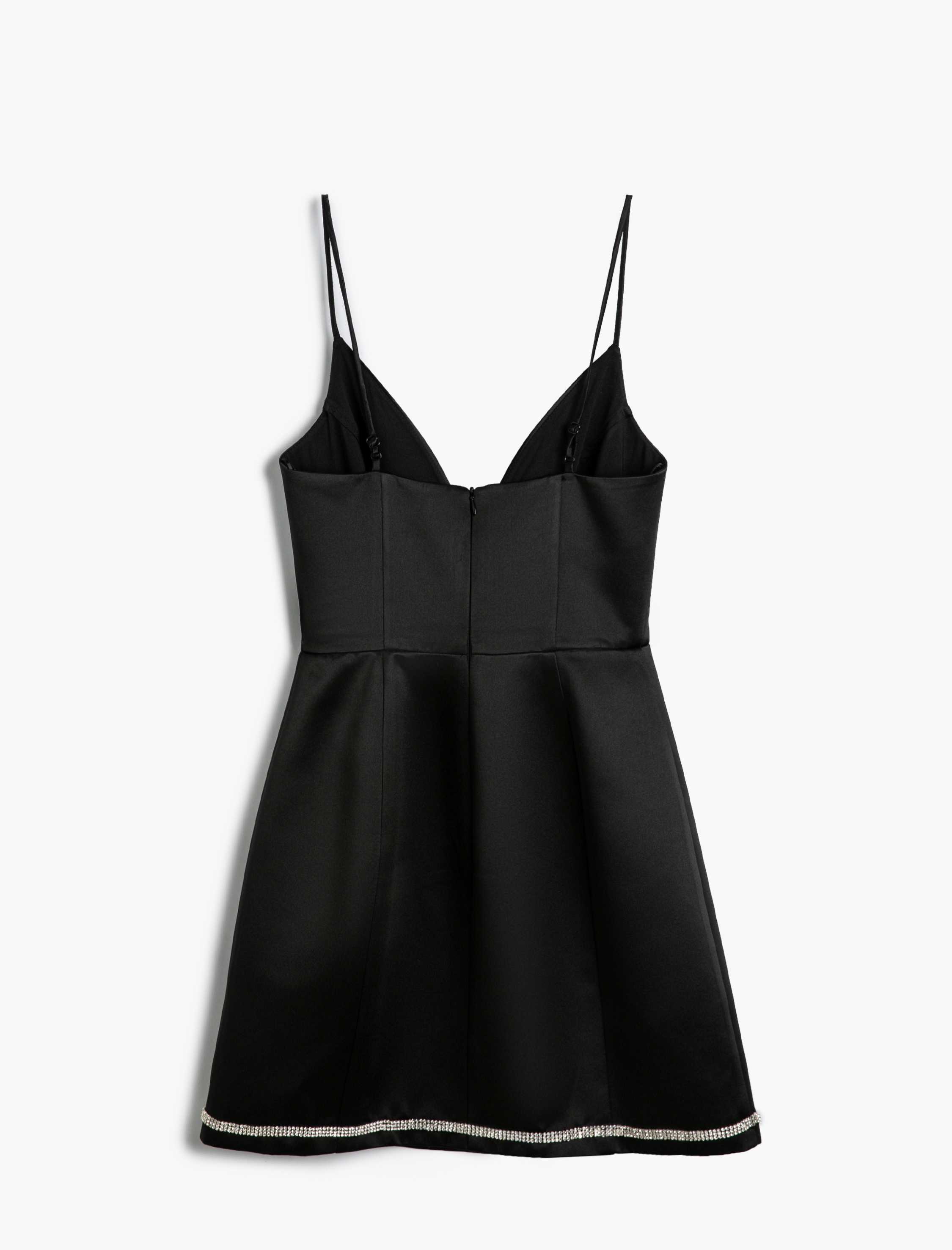   Saten Mini Elbise Askılı Kalp Yaka Su Yolu Taş Detaylı