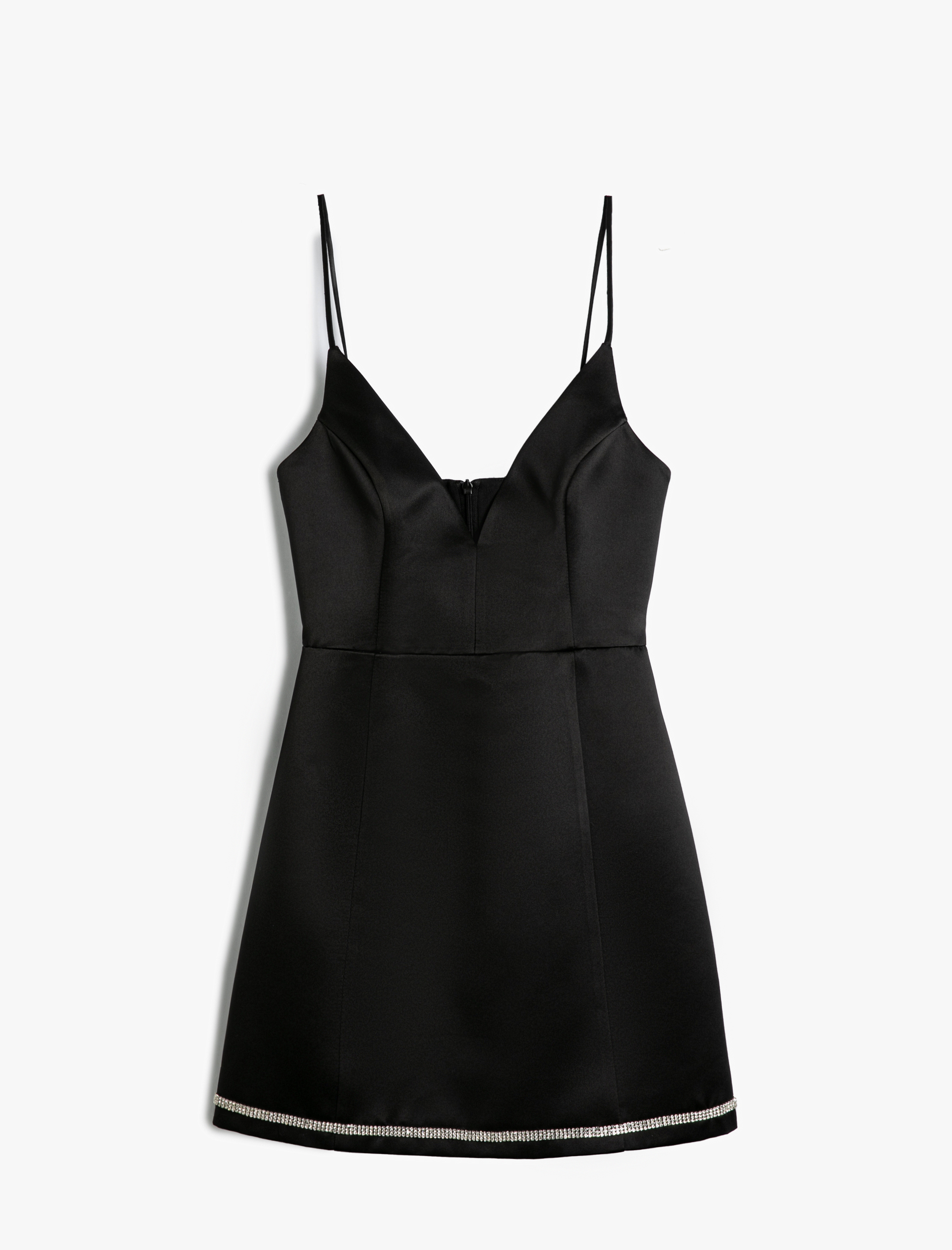   Saten Mini Elbise Askılı Kalp Yaka Su Yolu Taş Detaylı