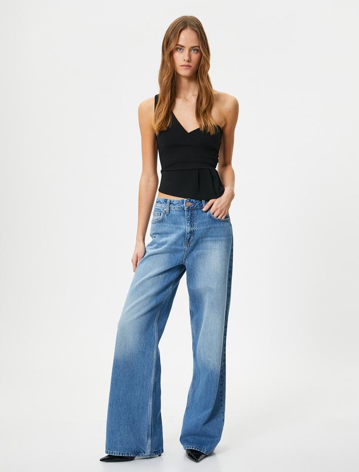  Tek Omuz Crop Üst Asimetrik Kesim Kalp Yaka Slim Fit