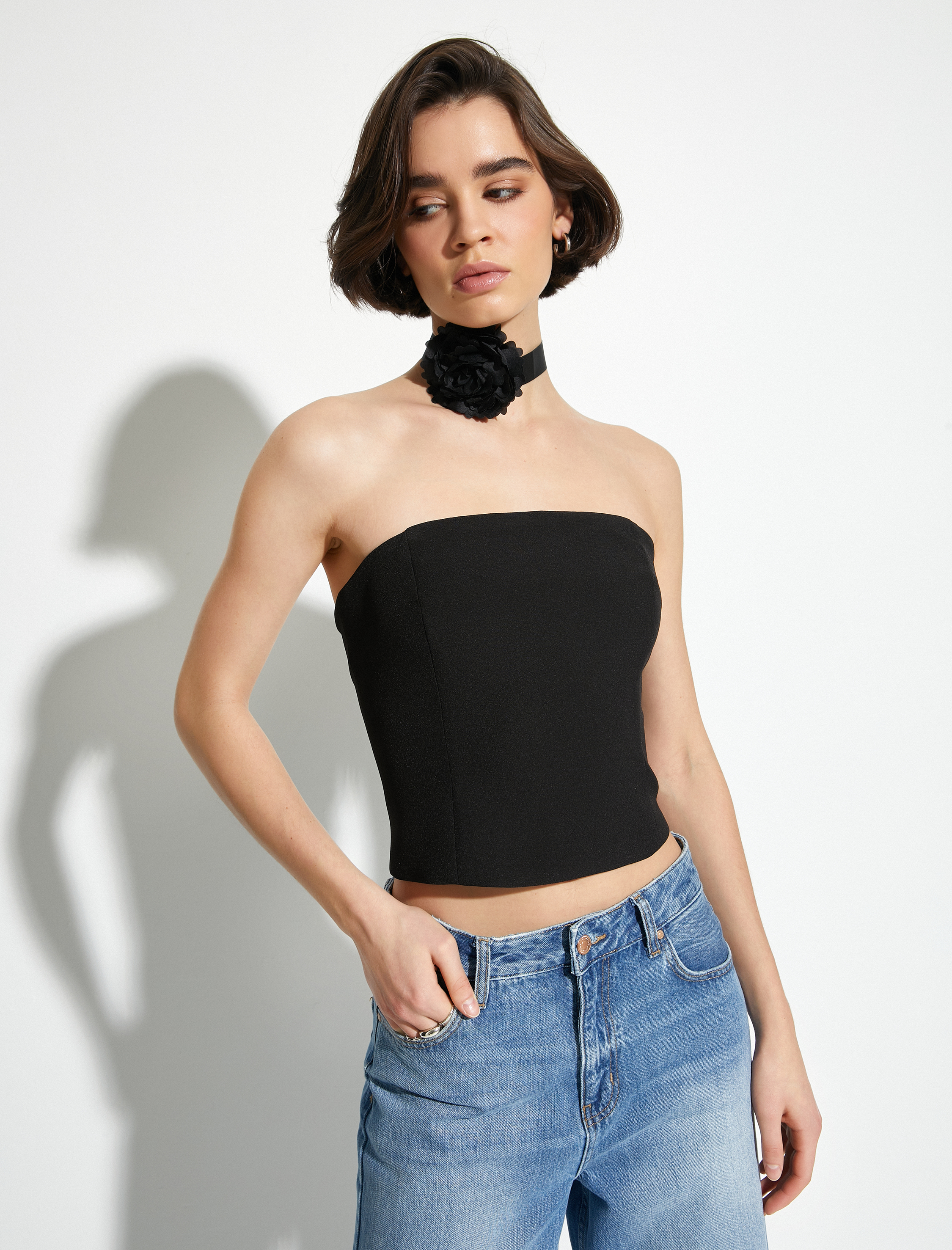   Straplez Crop Üst Arkası Fermuarlı