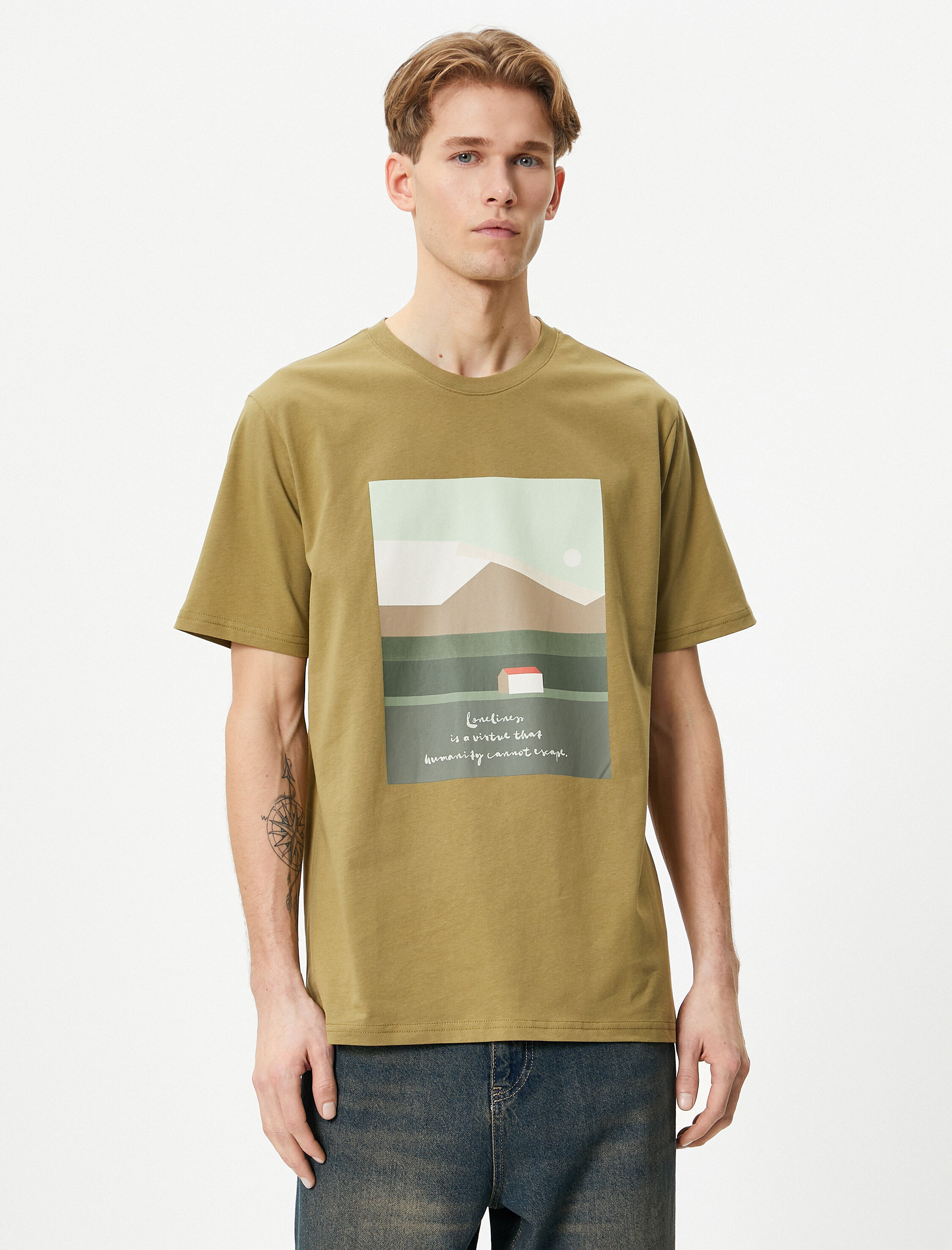   Baskılı Tişört Sloganlı Bisiklet Yaka Kısa Kollu