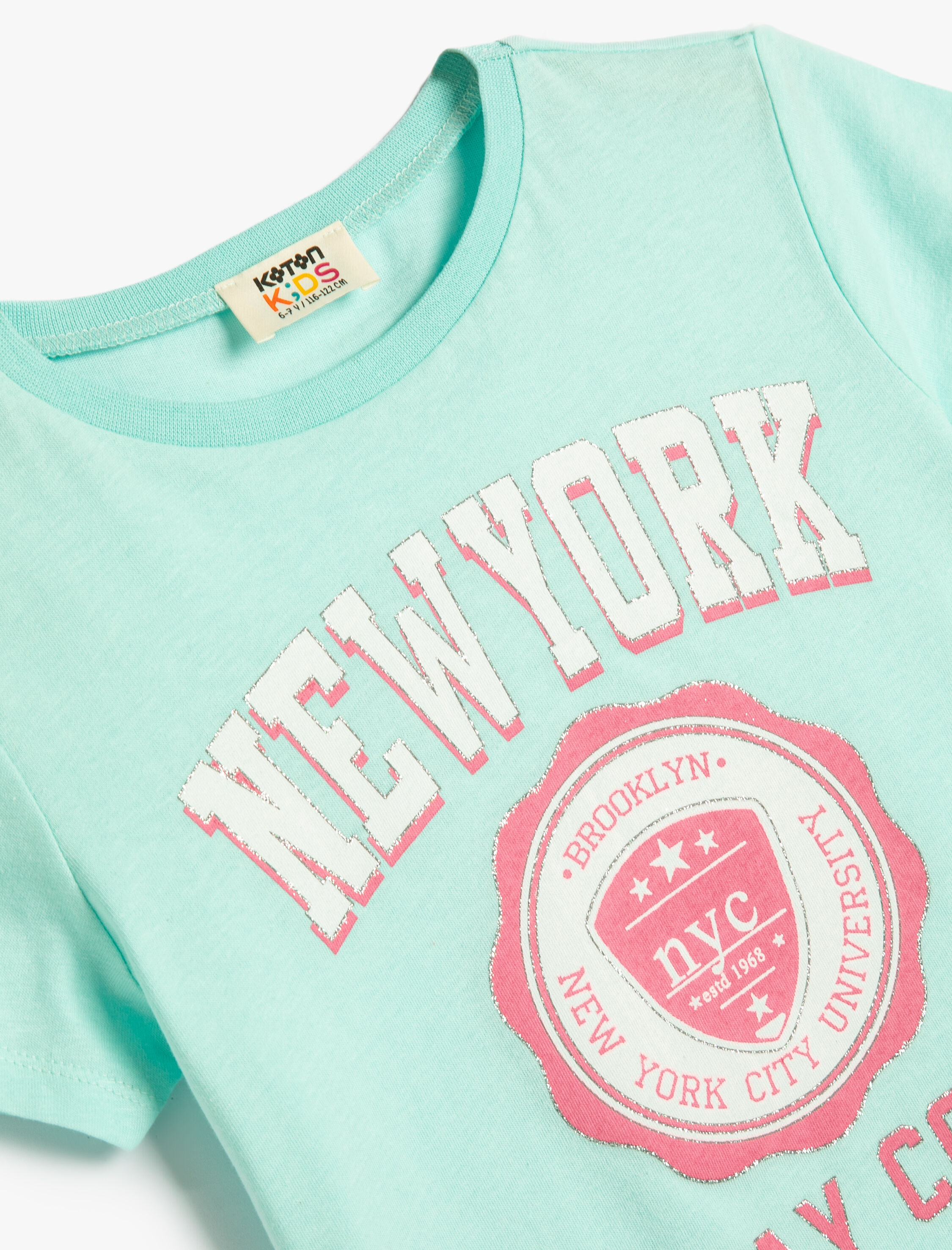  Kız Çocuk Tişört New York Baskılı Kısa Kollu Bisiklet Yaka Pamuklu