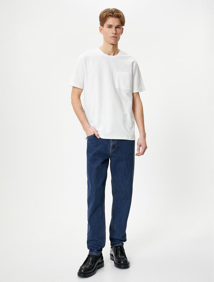  Bisiklet Yaka Tişört Cep Detaylı Kısa Kollu Pamuklu