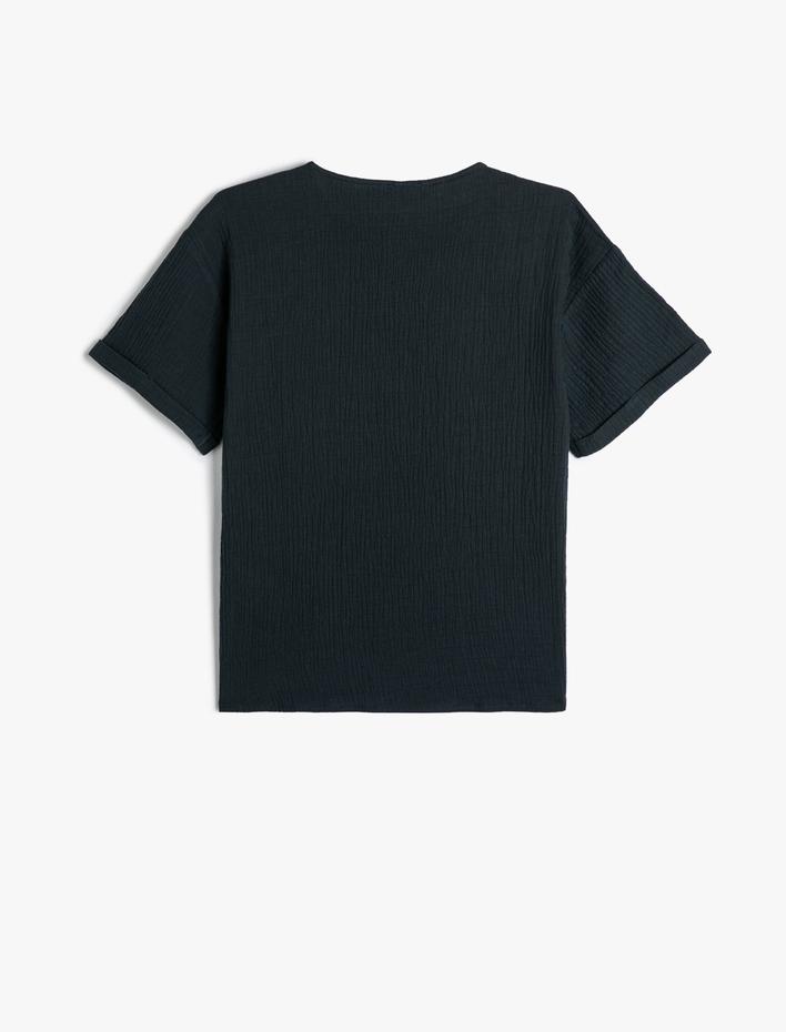 Erkek Çocuk Müslin Gömlek Bisiklet Yaka Düğme Detaylı Dokulu Pamuklu