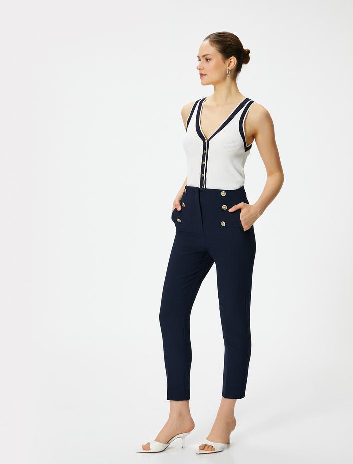  Cigarette Kumaş Pantolon Yüksek Bel Gold Düğmeli