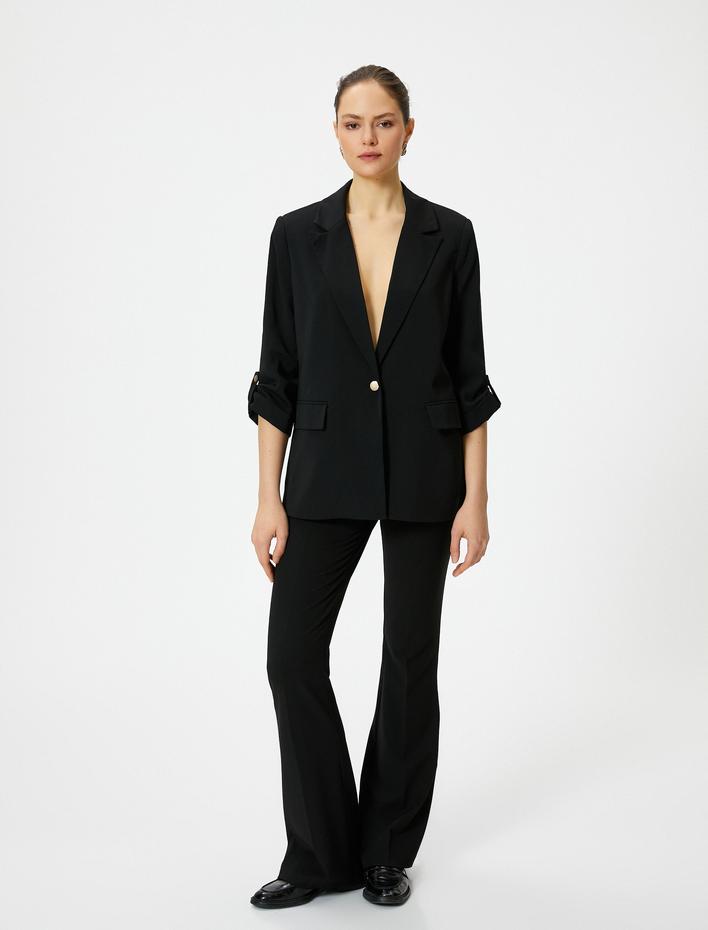  Blazer Ceket Gold Tek Düğmeli Kapaklı Cepli Katlamalı Kollu