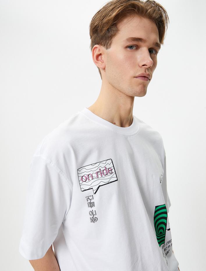  Oversize Tişört Slogan Baskılı Bisiklet Yaka Kısa Kollu