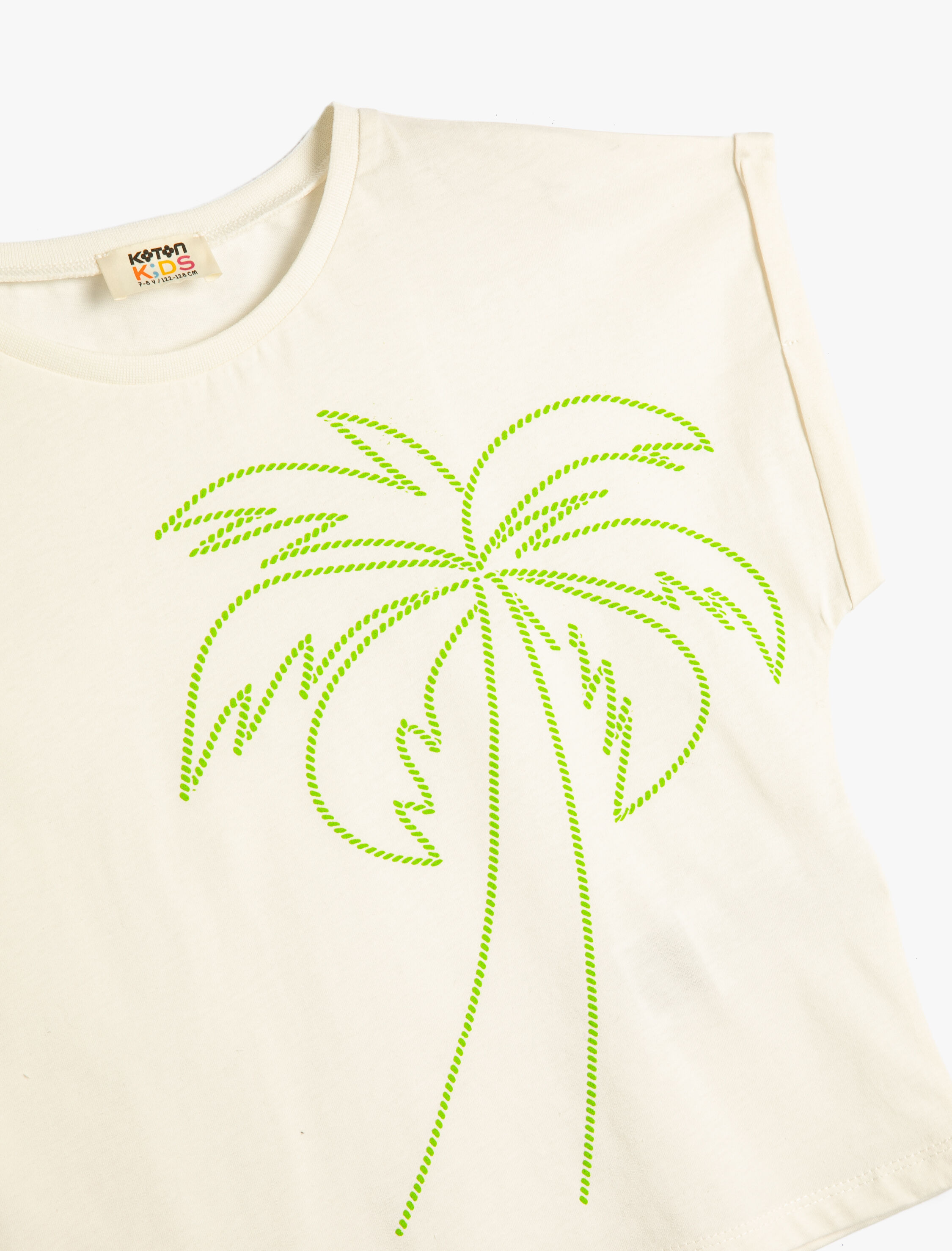  Kız Çocuk Tişört Palmiye Baskılı Kısa Kollu Bisiklet Yaka Pamuklu