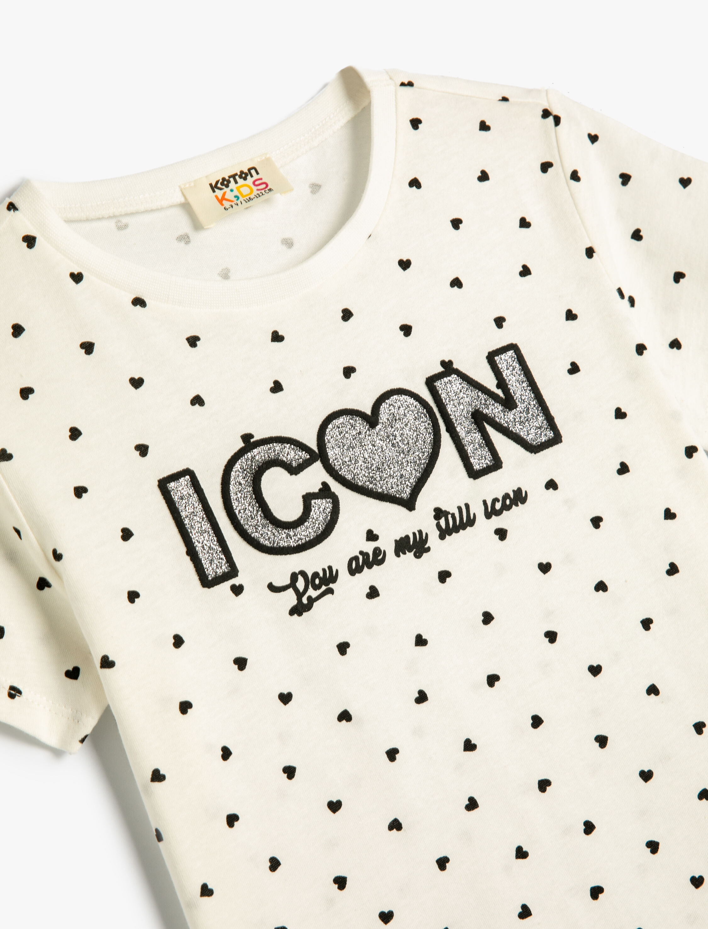  Kız Çocuk Tişört Kalpli Simli Kısa Kollu Bisiklet Yaka Pamuklu