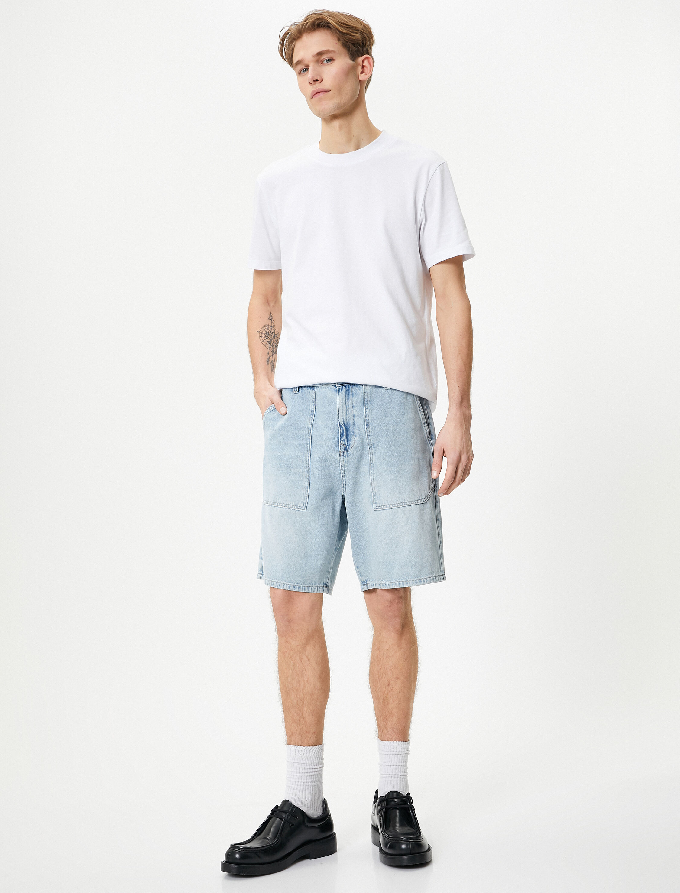   Oversize Kot Şort Bermuda Cepli Dikiş Detaylı Düğmeli