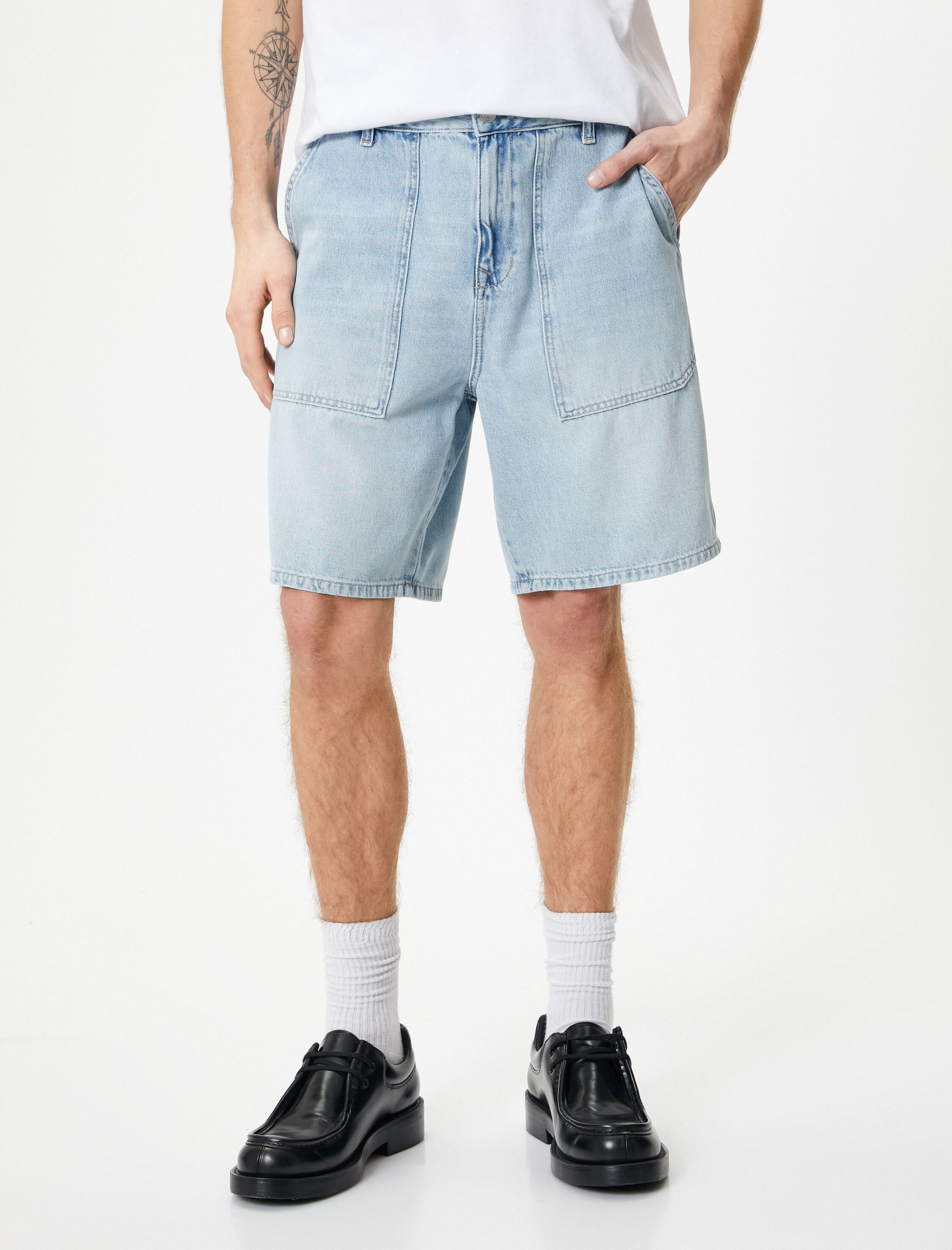   Oversize Kot Şort Bermuda Cepli Dikiş Detaylı Düğmeli