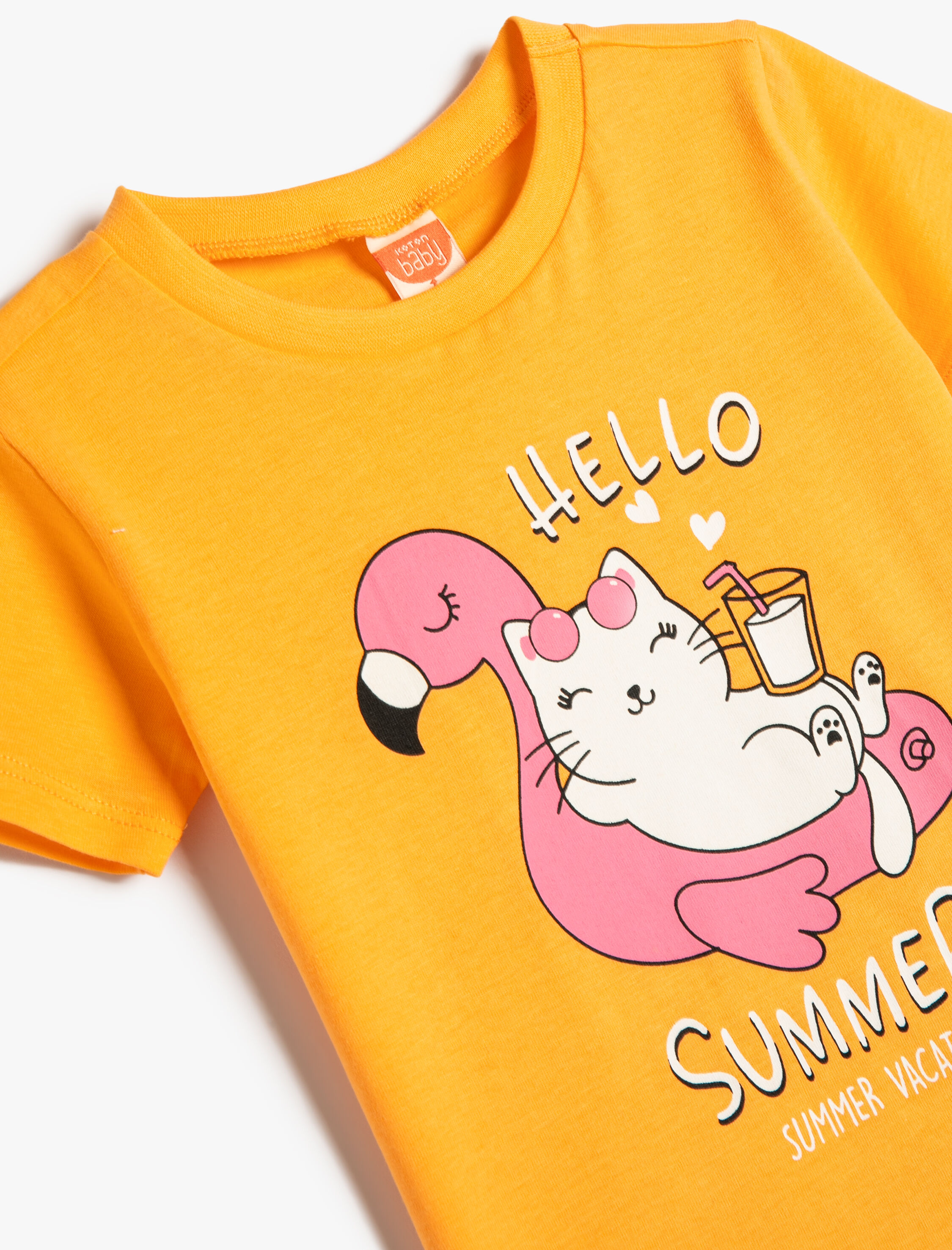  Kız Bebek Tişört Kısa Kollu Bisiklet Yaka Kedi Baskılı Cep Detaylı Pamuklu