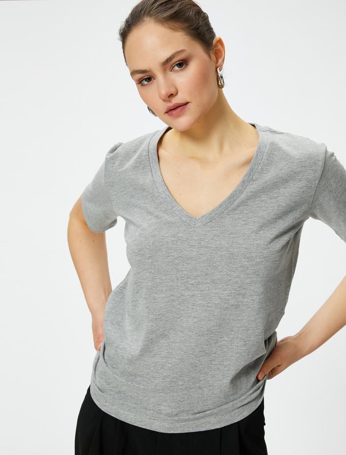  Basic Tişört V Yaka Kısa Kollu Pamuklu