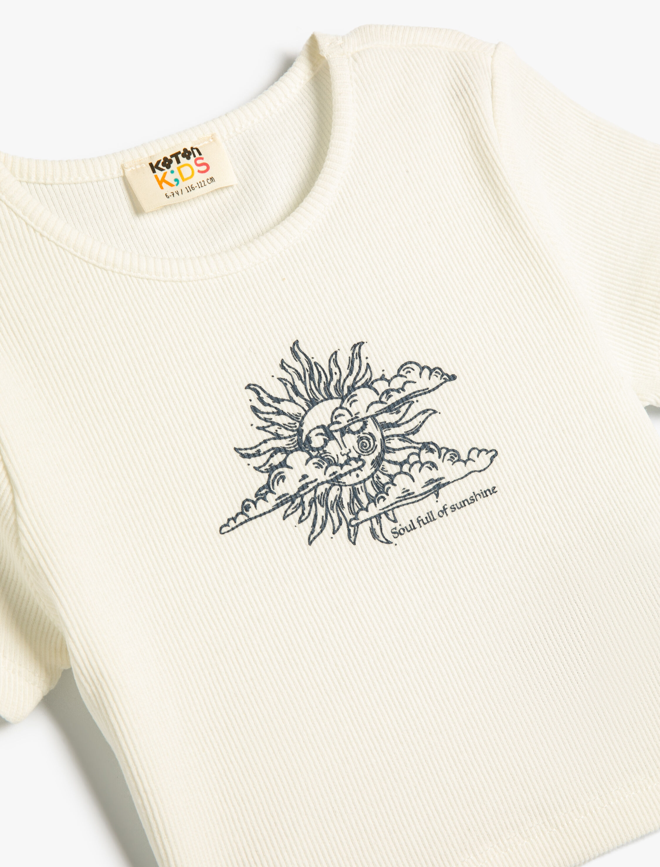  Kız Çocuk Crop Tişört Güneş Baskılı Kısa Kollu Bisiklet Yaka Ribanalı