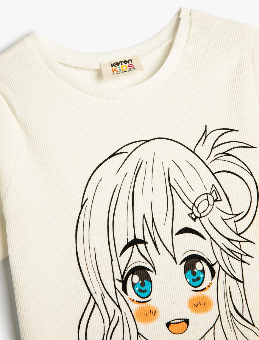  Kız Çocuk Crop Tişört Anime Baskılı Kısa Kollu Pamuklu