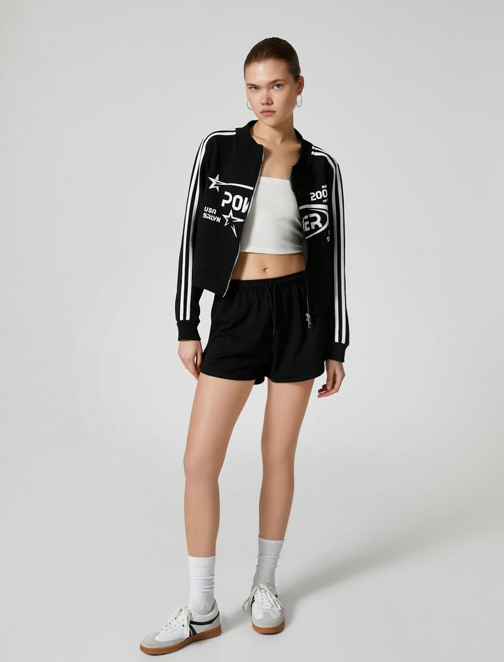  Şardonlu Fermuarlı Sweatshirt Crop Dik Yaka Çizgili Baskılı