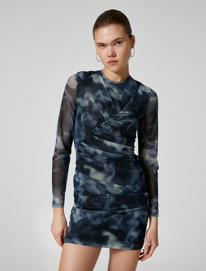  Tül Mini Elbise Drapeli Uzun Kollu Batik Desenli Astarlı