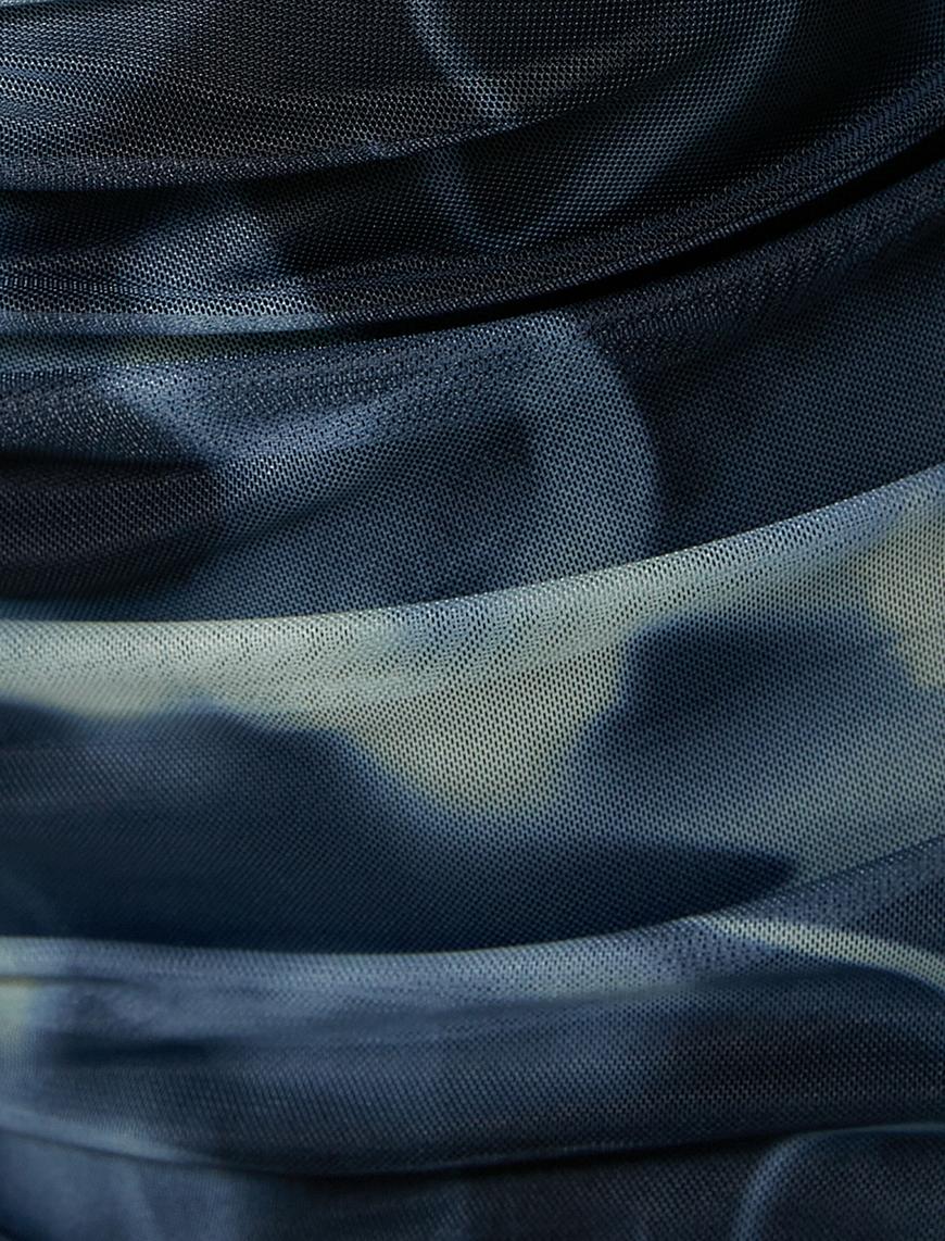   Tül Mini Elbise Drapeli Uzun Kollu Batik Desenli Astarlı